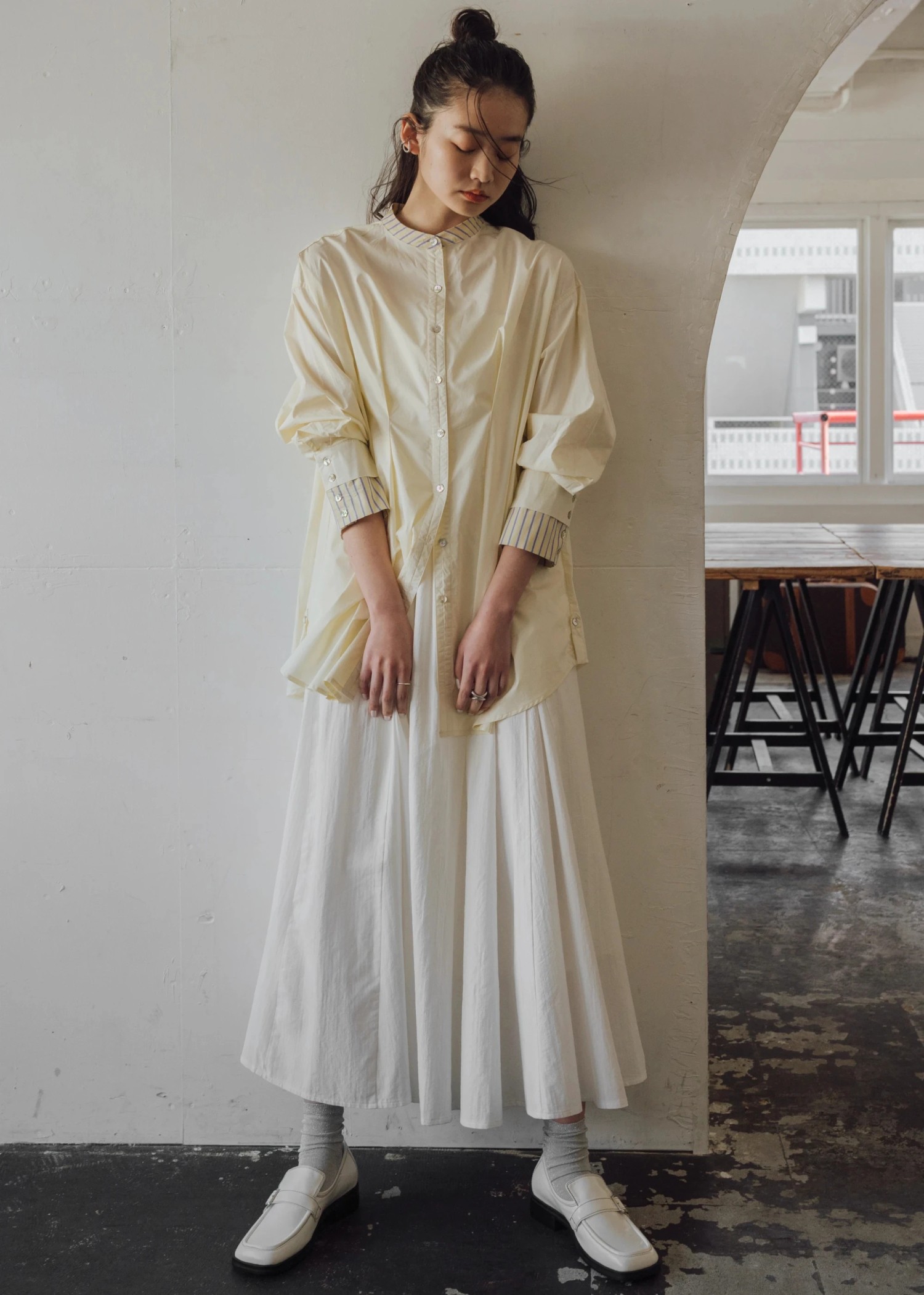 stripe bi collar double cuffs tuck shirt