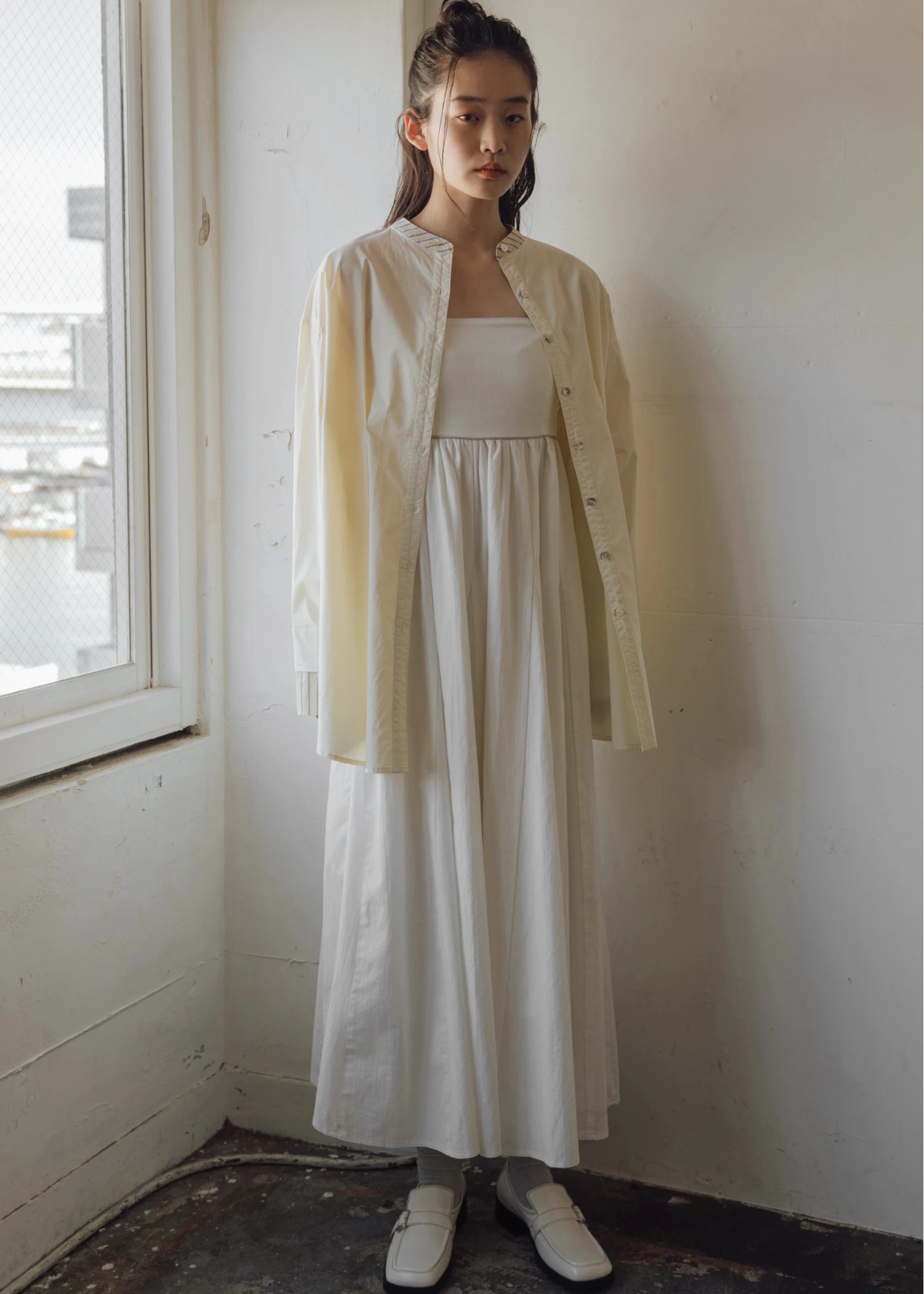 stripe bi collar double cuffs tuck shirt