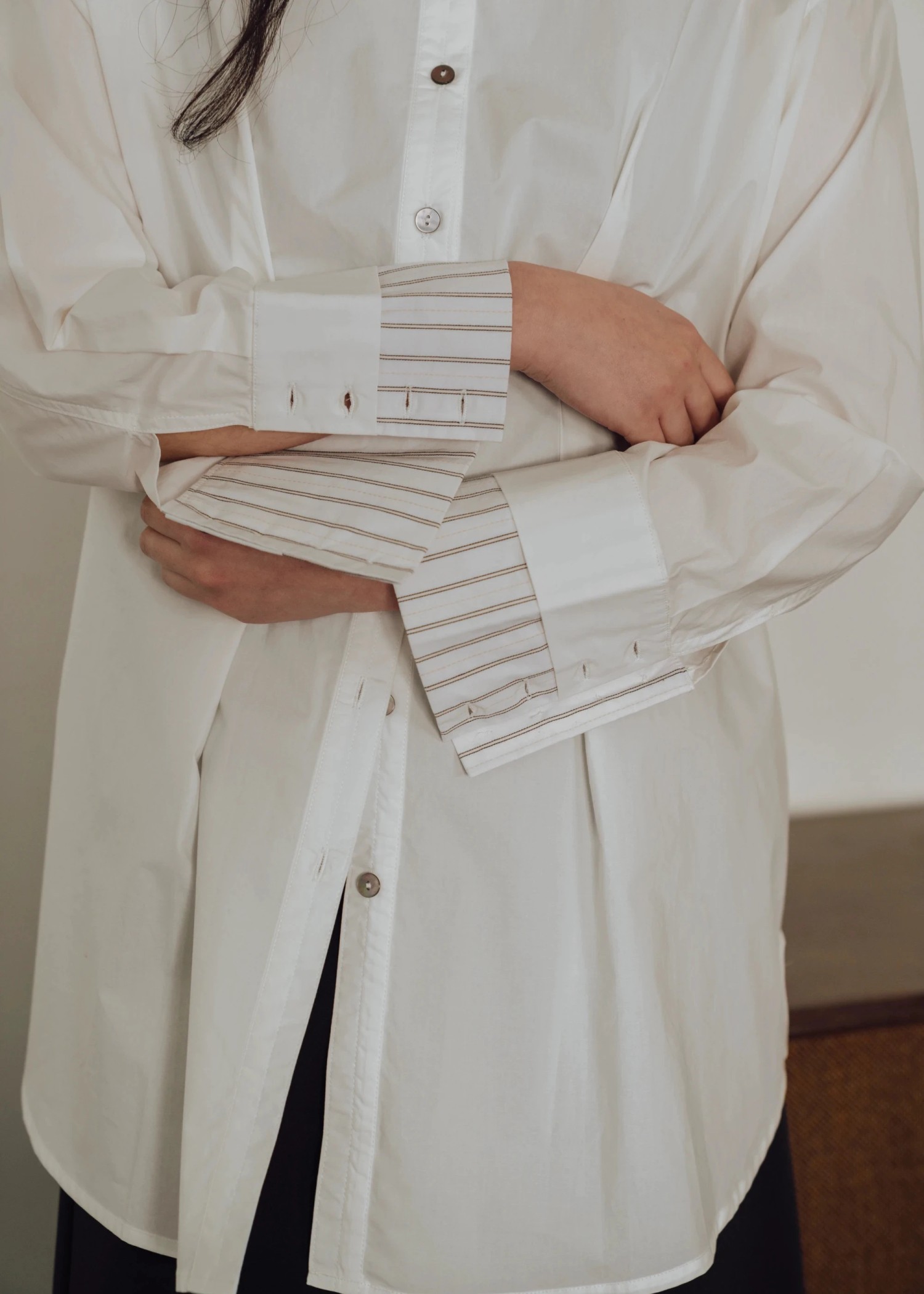 stripe bi collar double cuffs tuck shirt