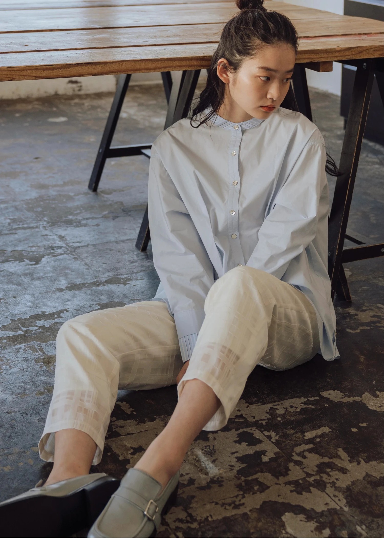 stripe bi collar double cuffs tuck shirt