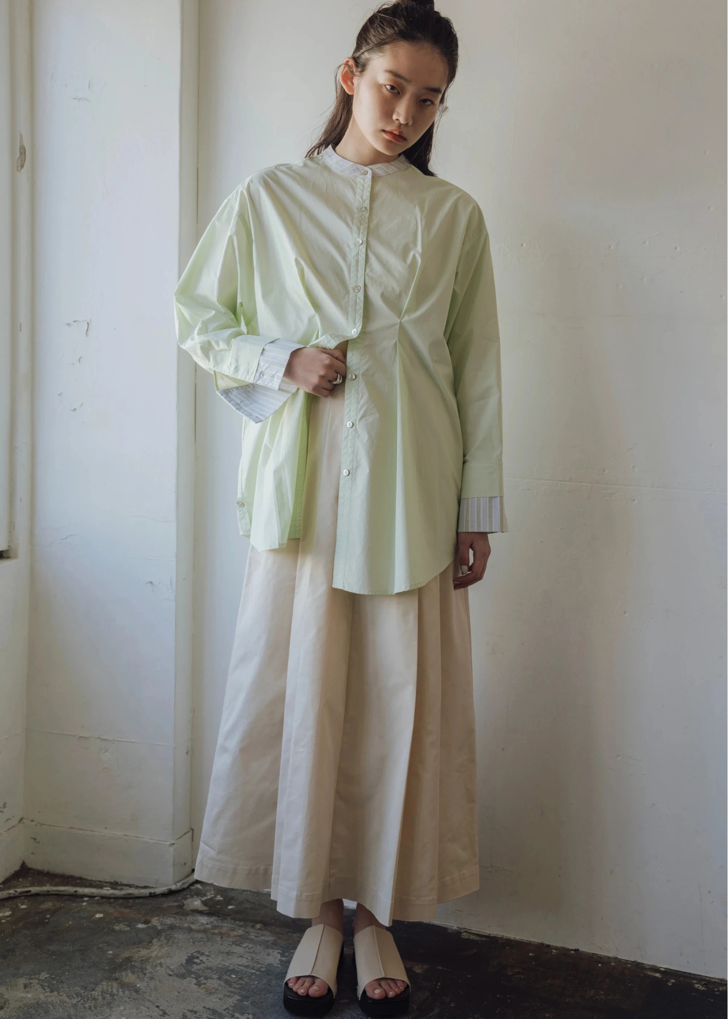 stripe bi collar double cuffs tuck shirt