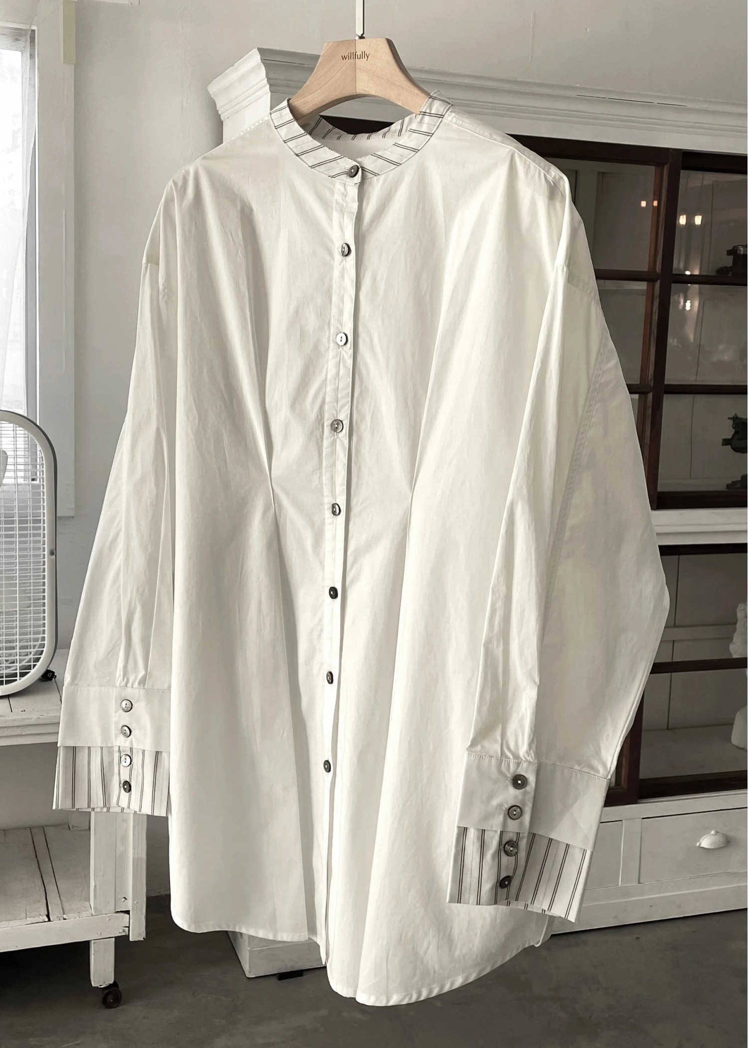 stripe bi collar double cuffs tuck shirt