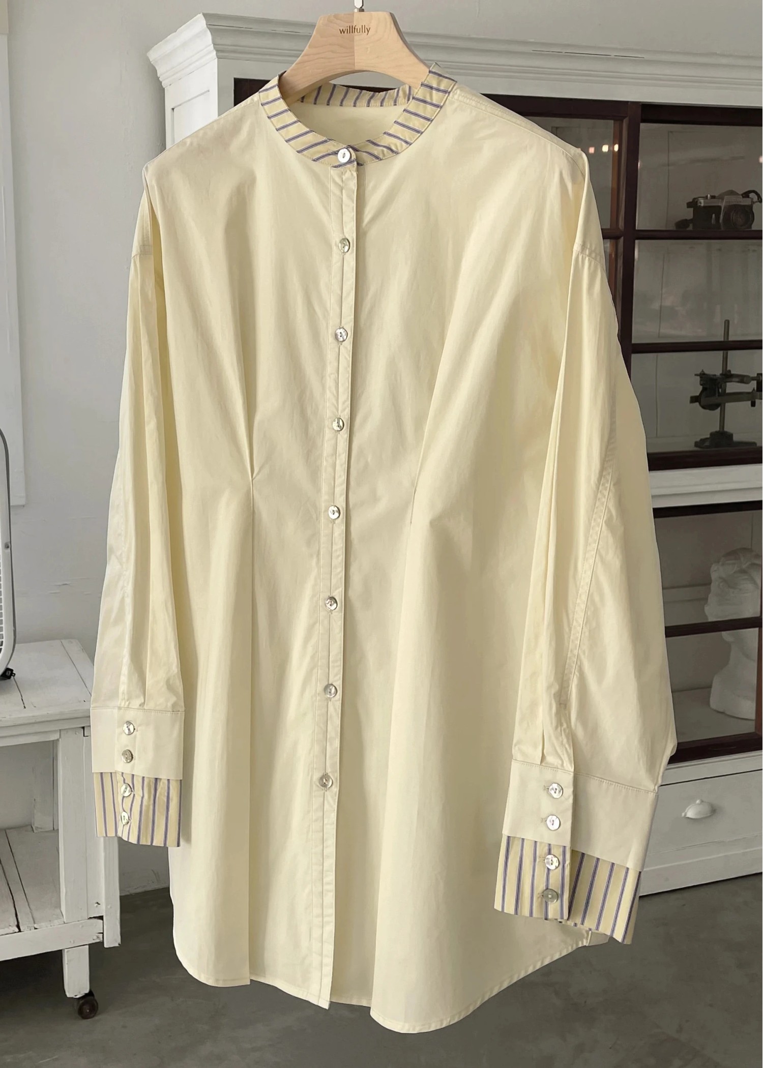 stripe bi collar double cuffs tuck shirt