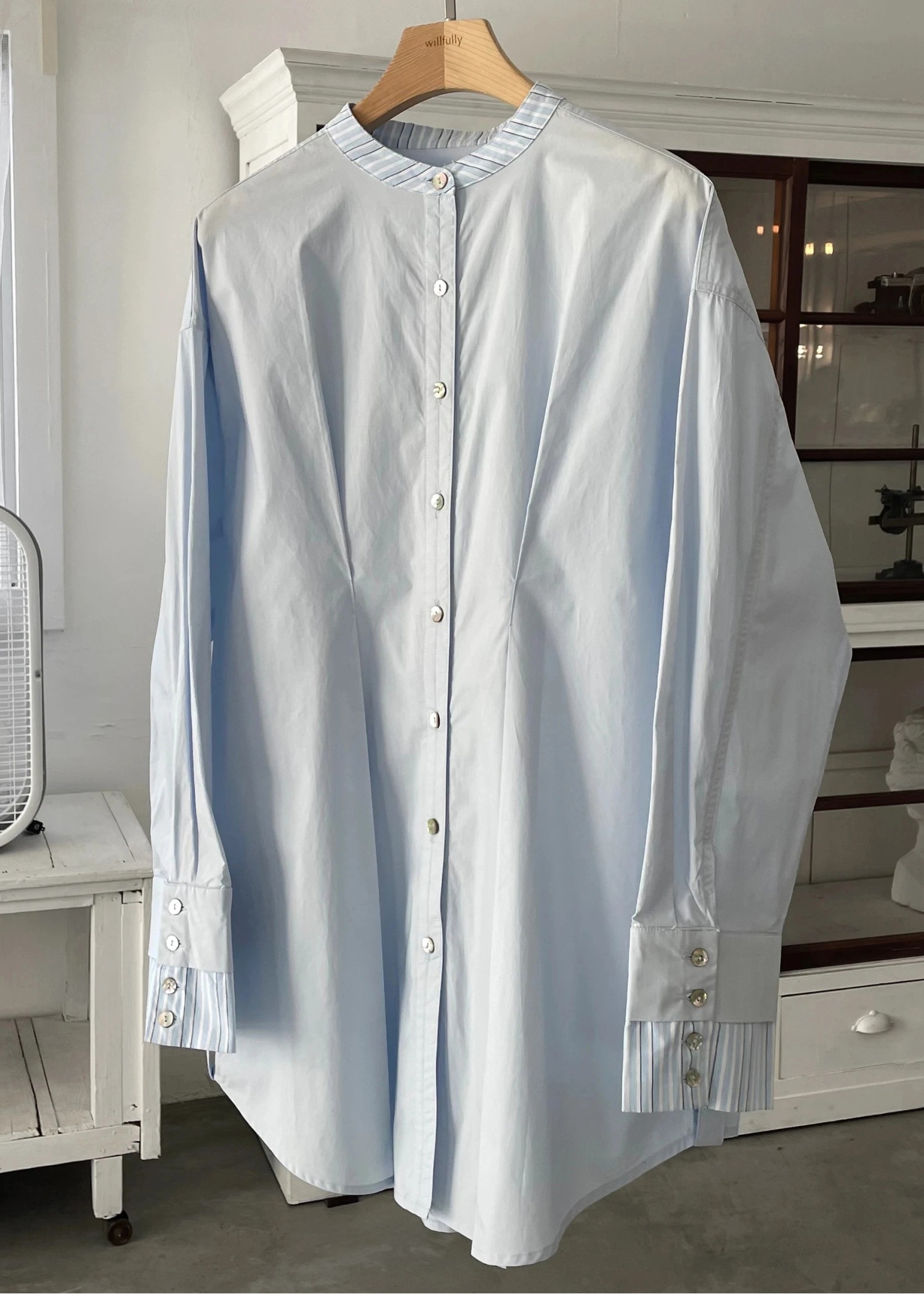 stripe bi collar double cuffs tuck shirt