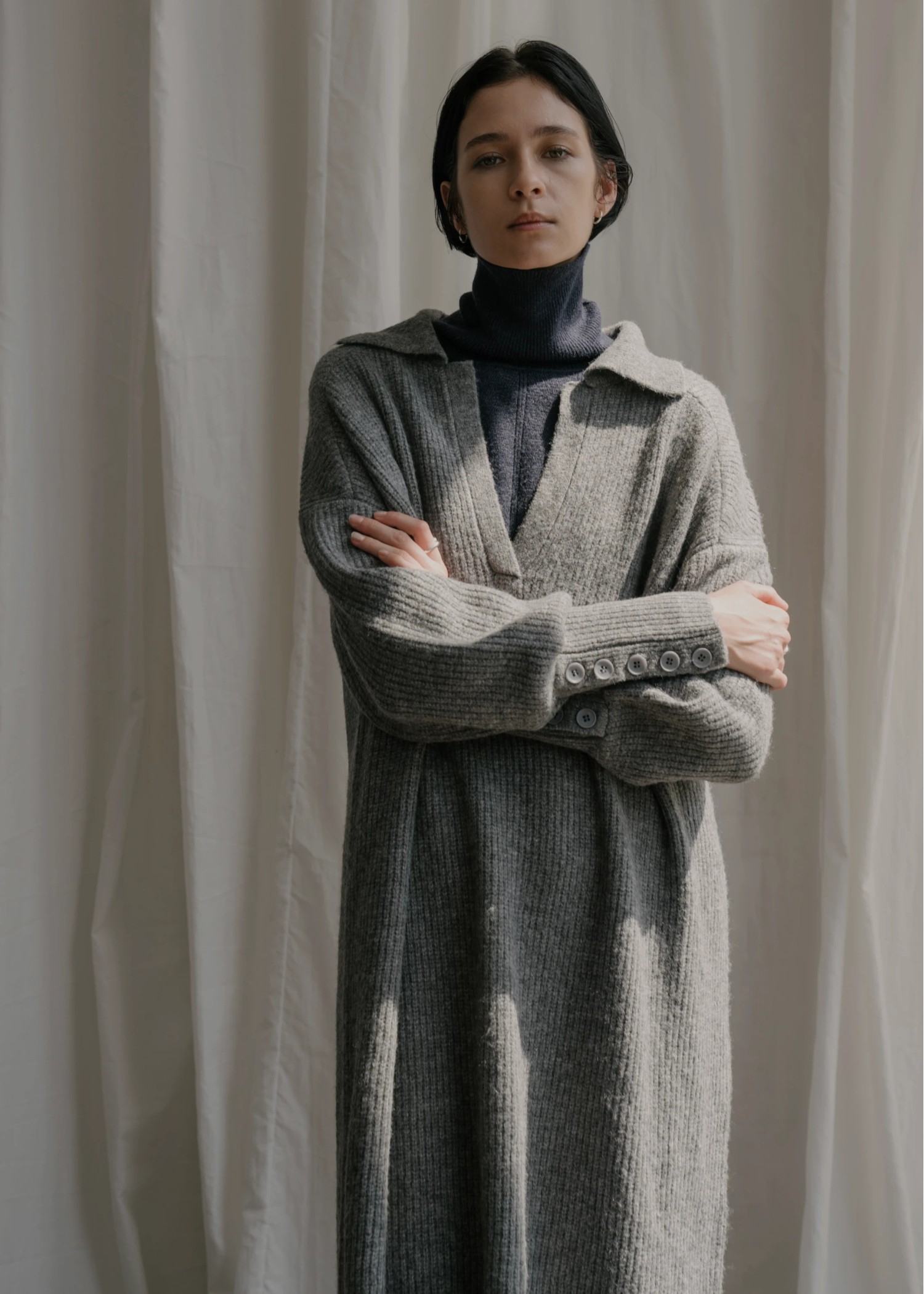 button sleeve v neck collar knit OP