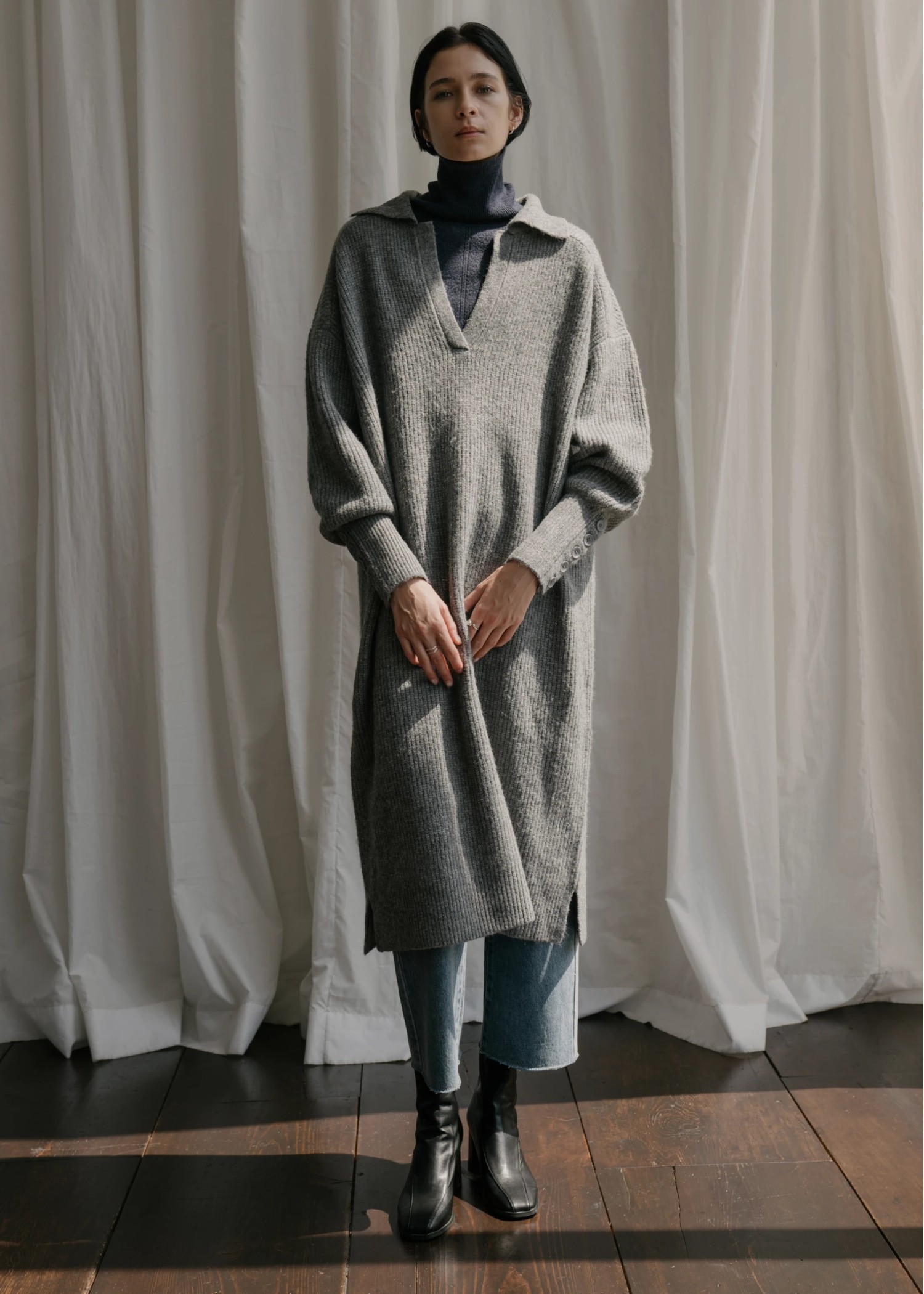 button sleeve v neck collar knit OP