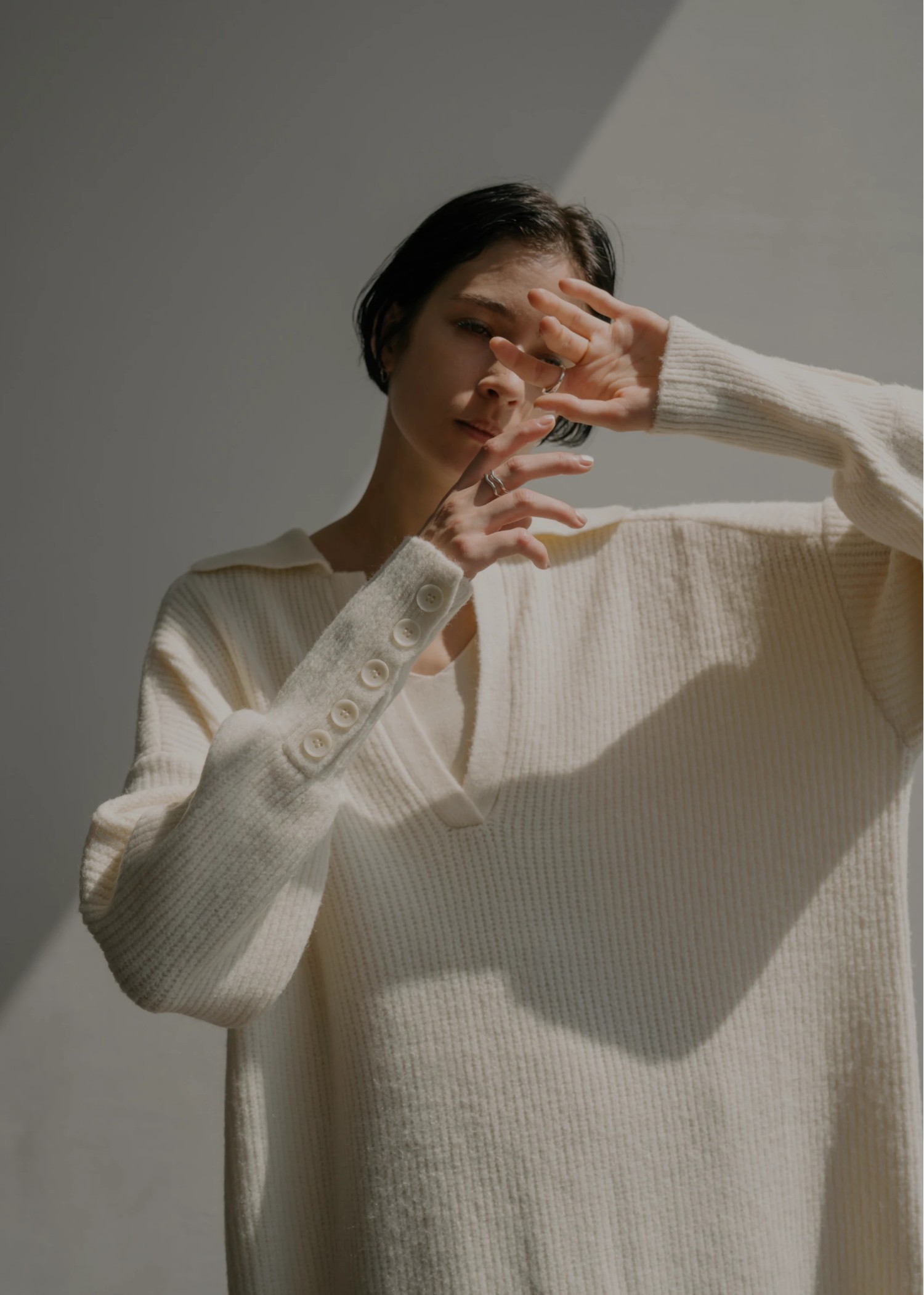 button sleeve v neck collar knit OP