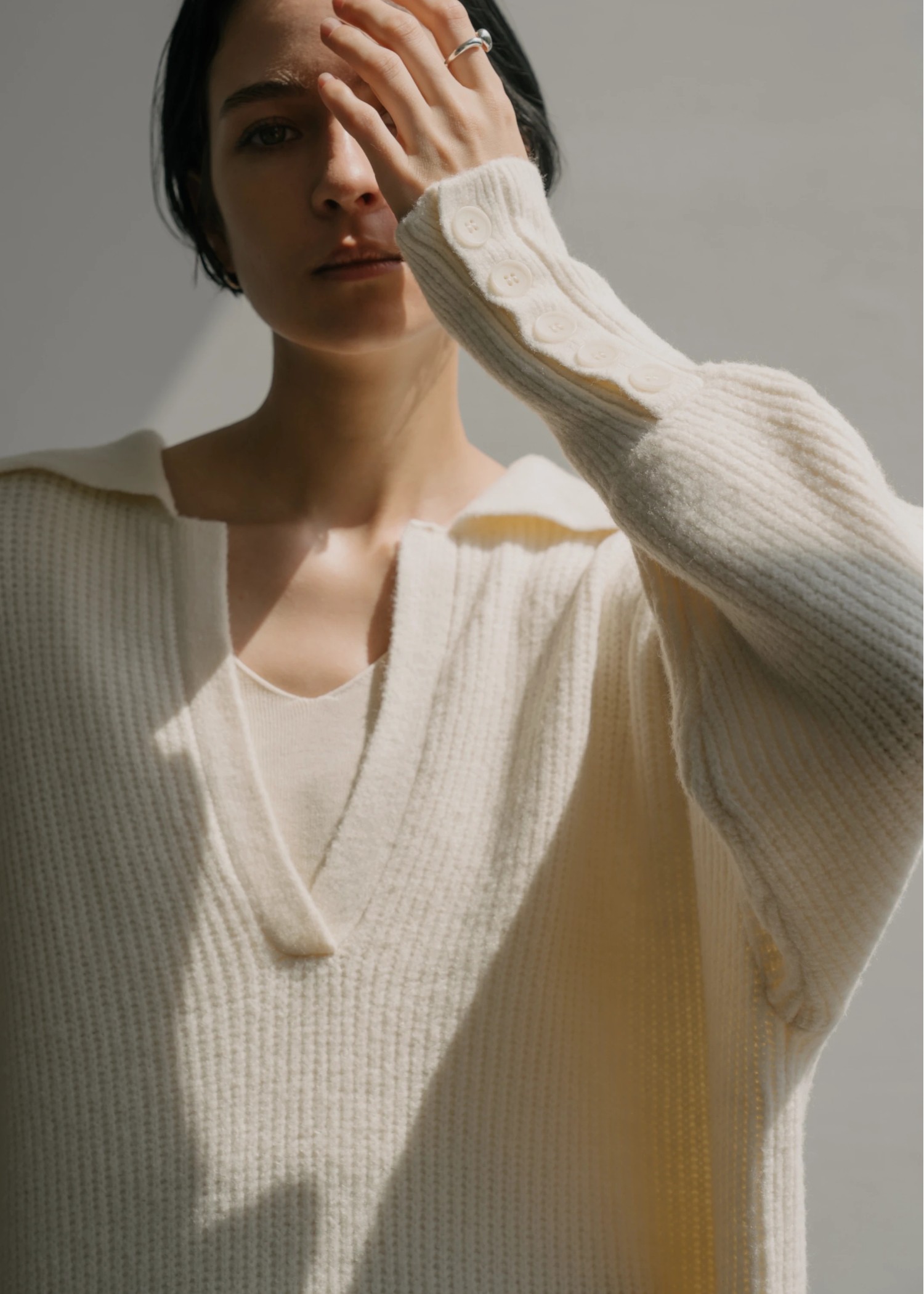 button sleeve v neck collar knit OP