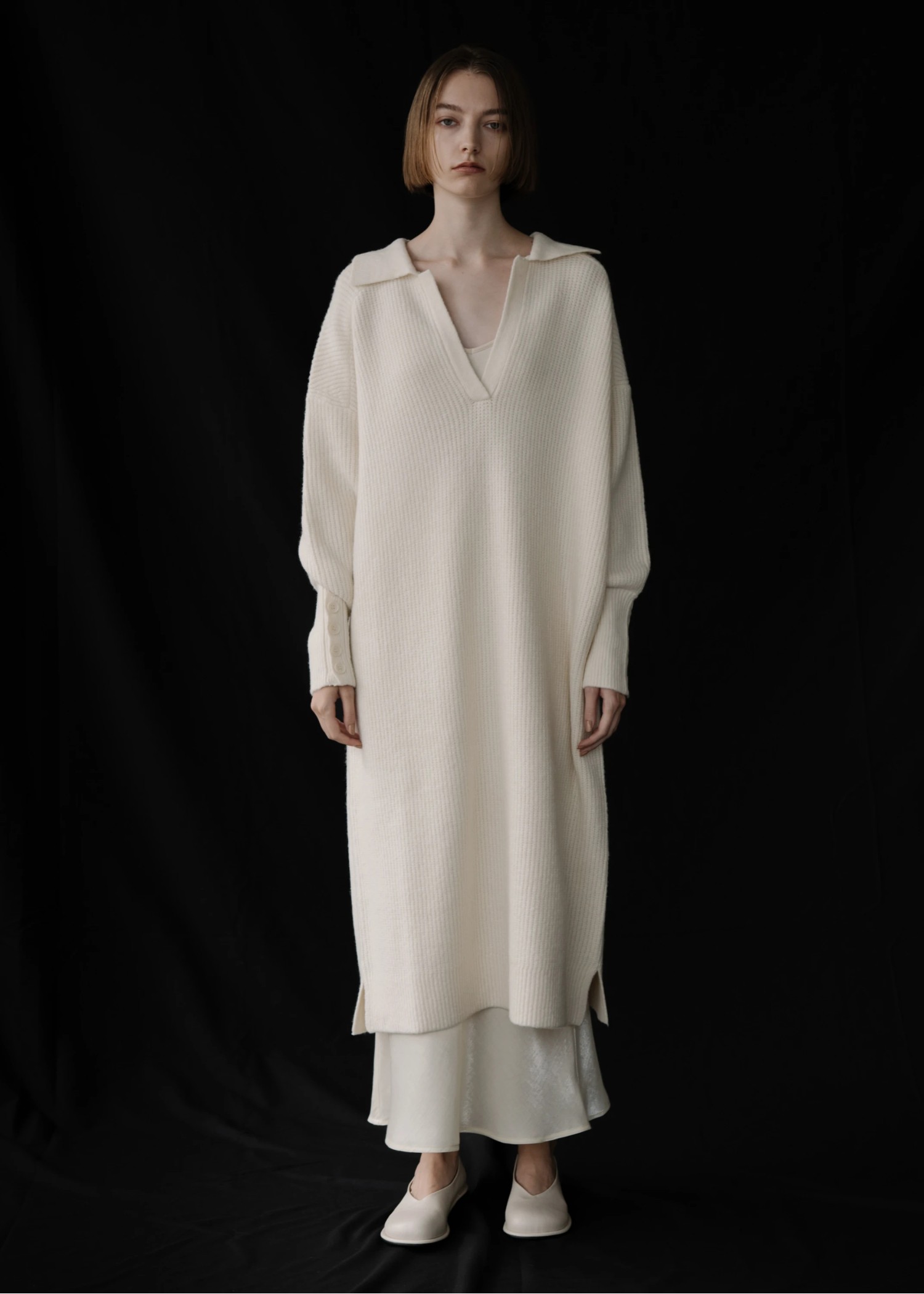 button sleeve v neck collar knit OP