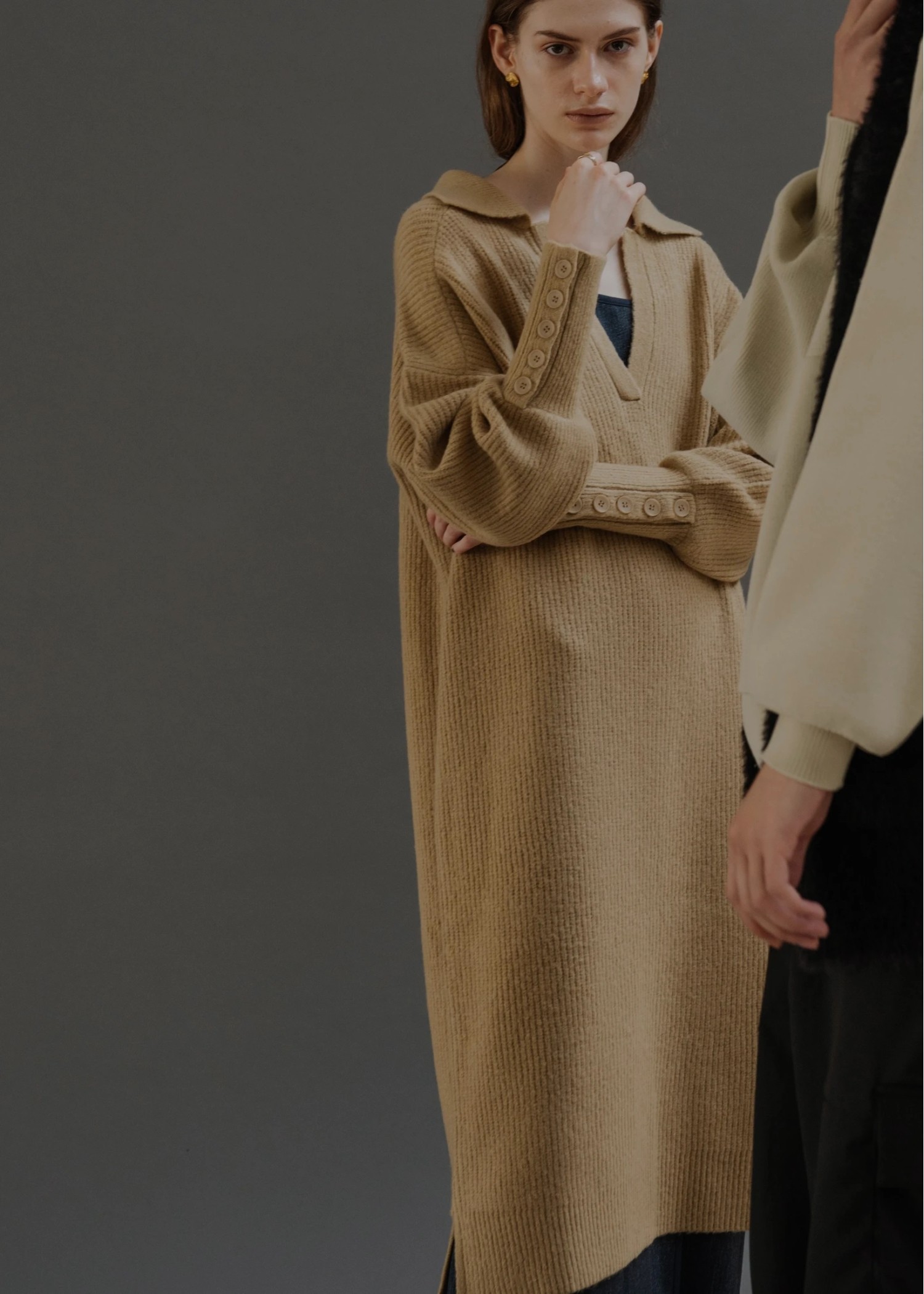 button sleeve v neck collar knit OP