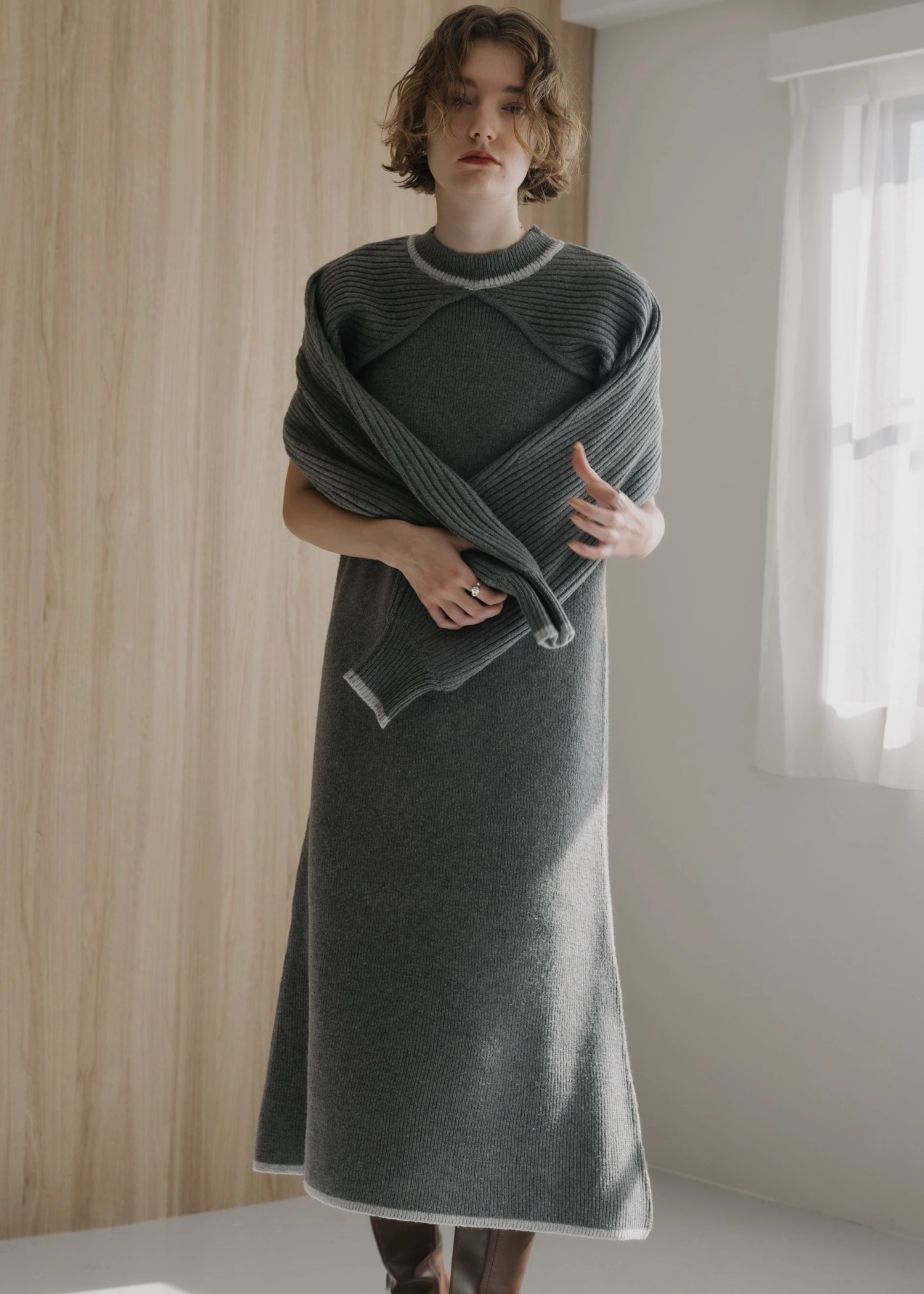 bicolor piping bolero knit OP