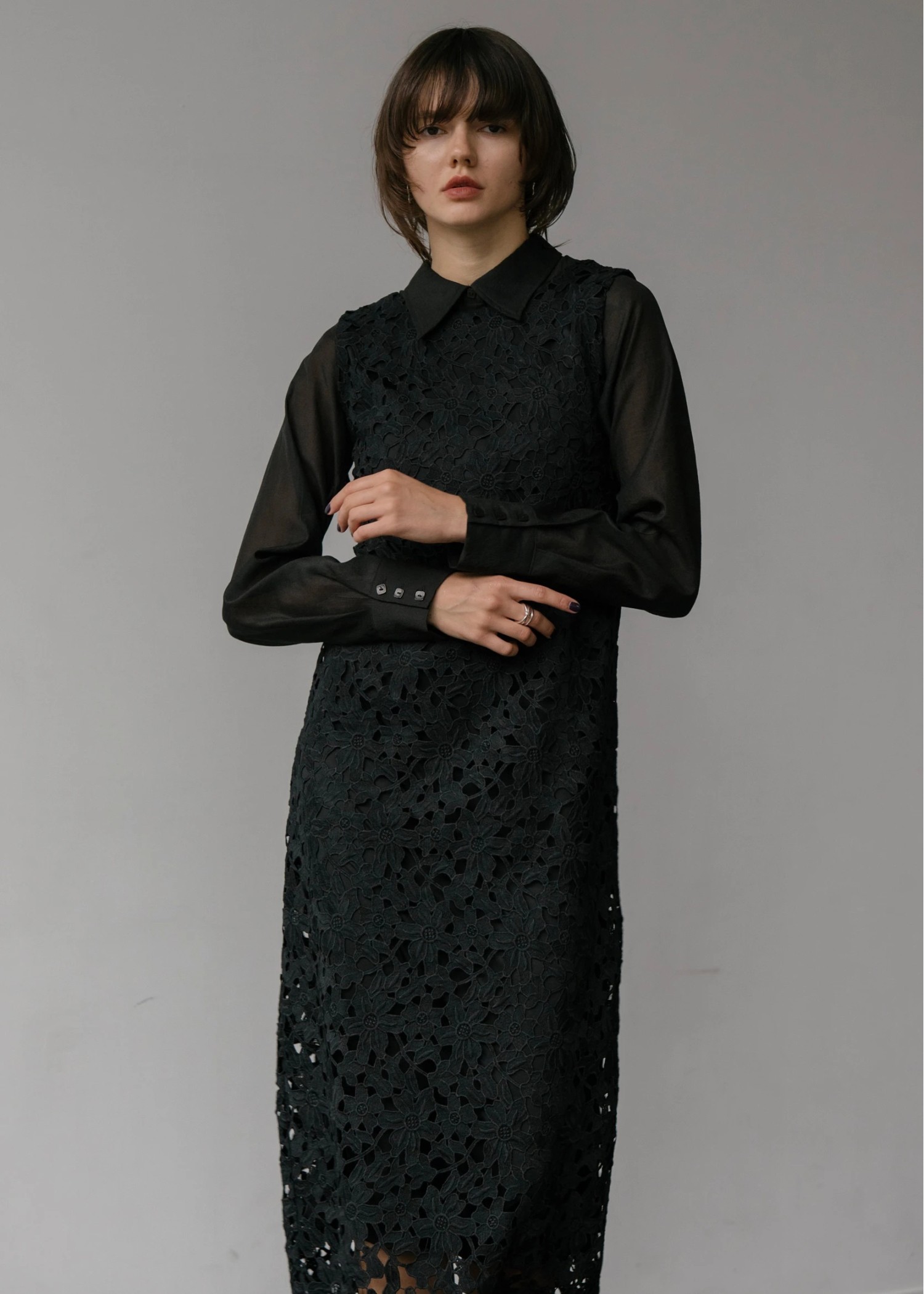 sheer shirt layered no sleeve lace OP