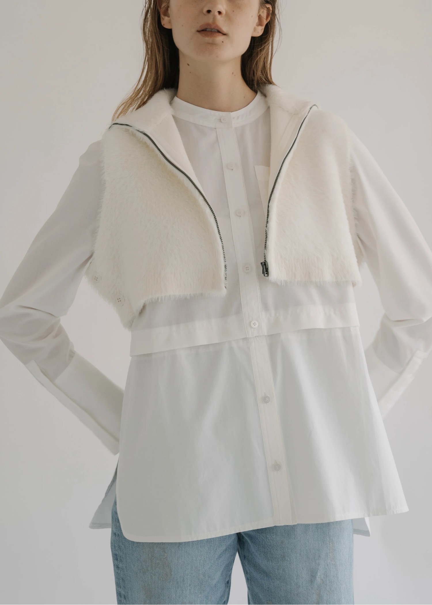 side open shaggy zip cropped knit vest