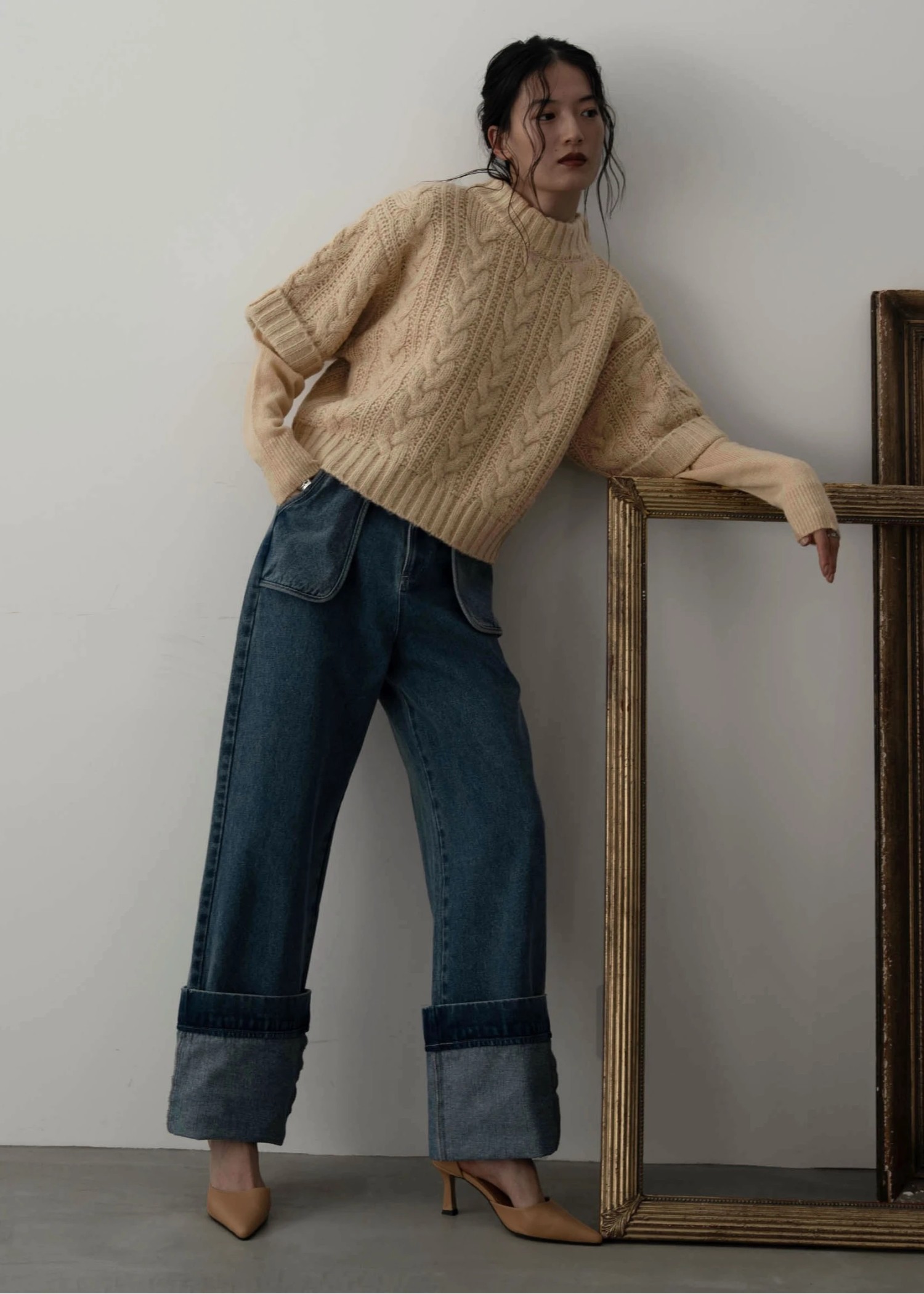 layered cable mock neck knit