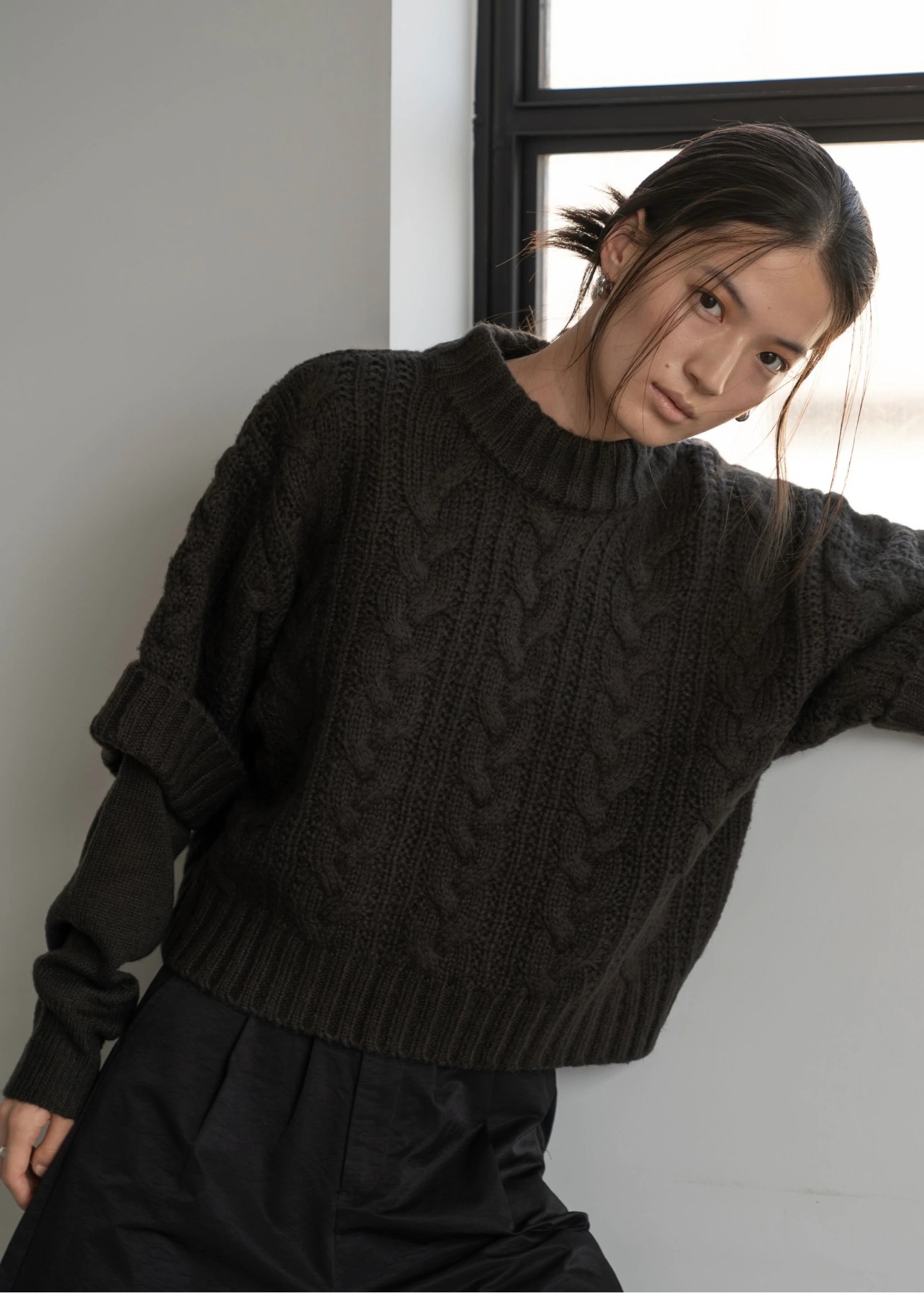 layered cable mock neck knit