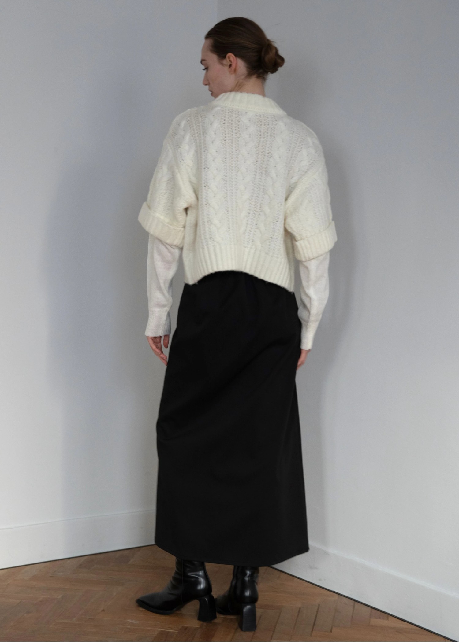 layered cable mock neck knit