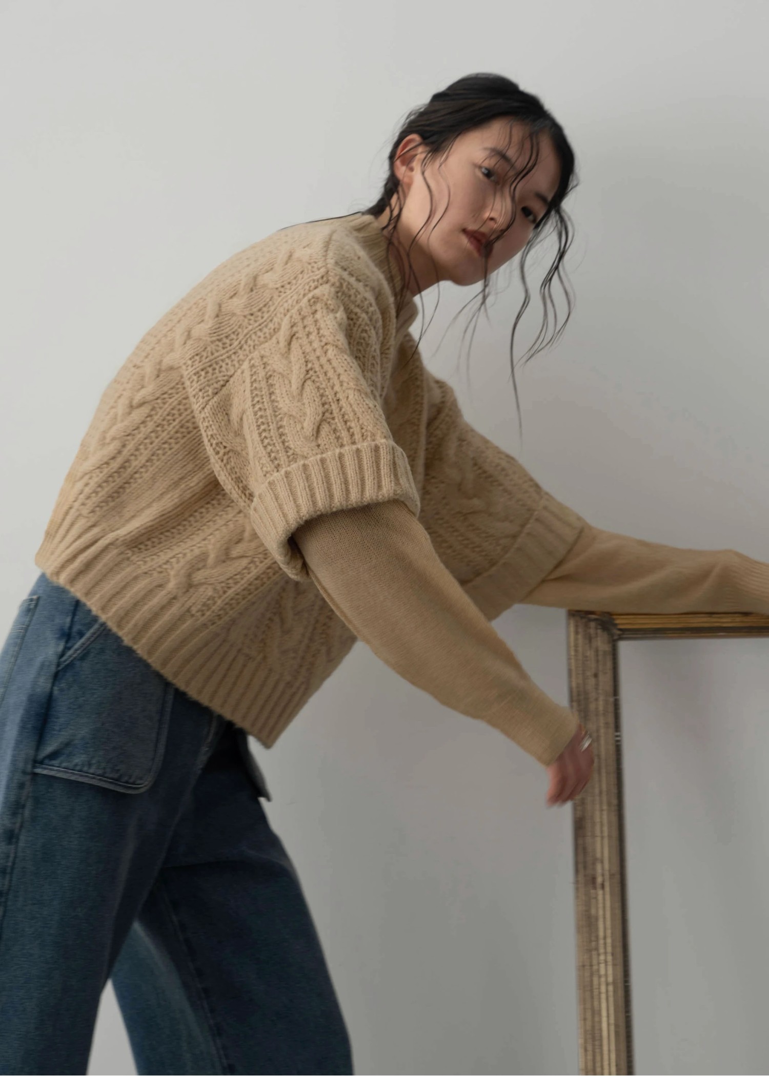 layered cable mock neck knit