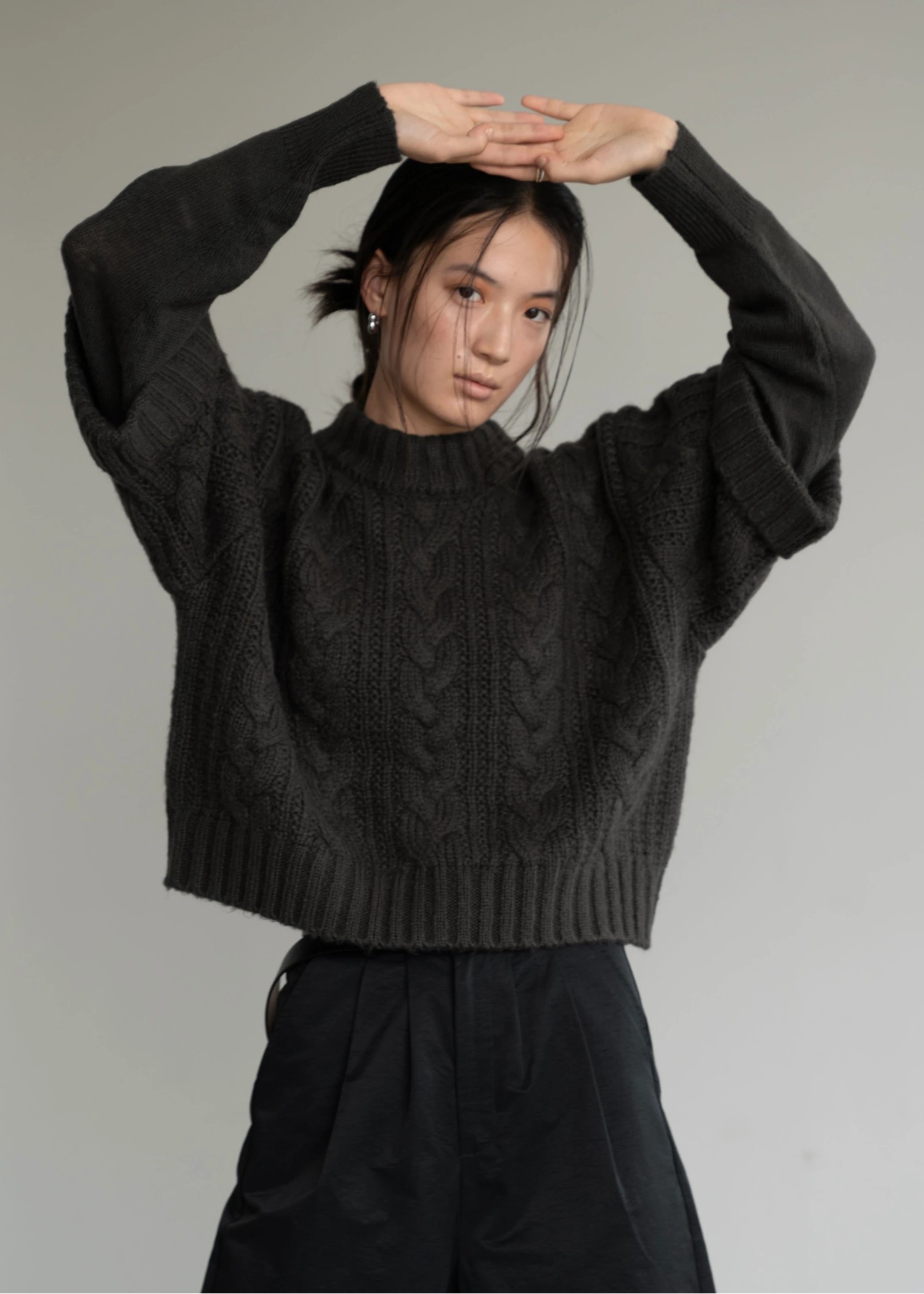 layered cable mock neck knit