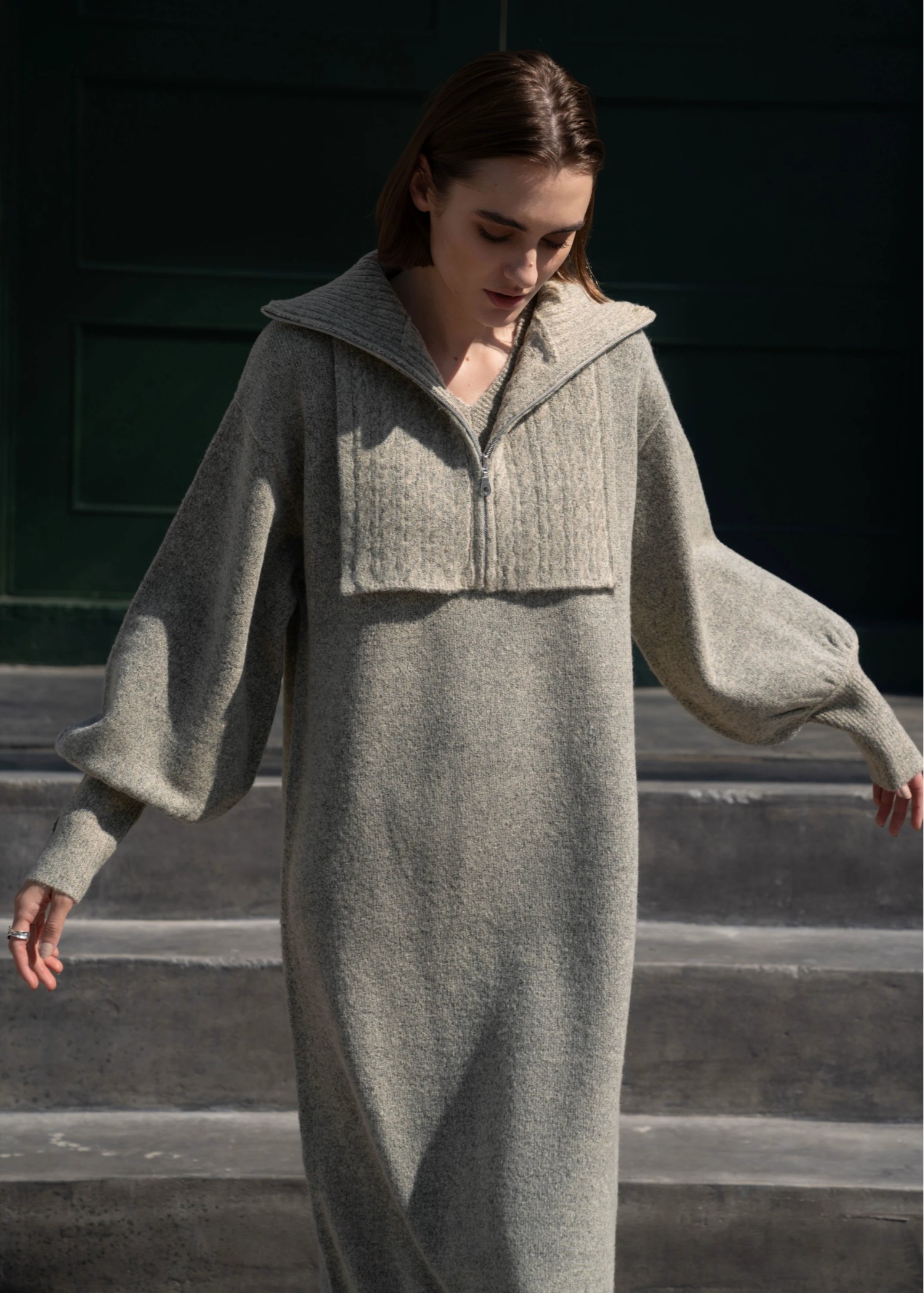 zip cable vest & volume sleeve melange knit OP