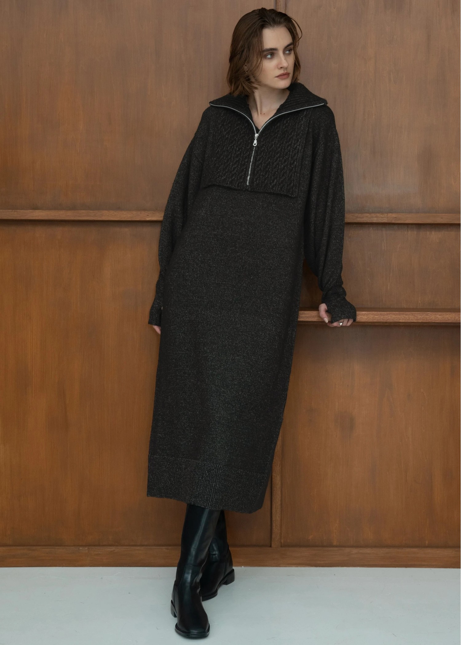 zip cable vest & volume sleeve melange knit OP