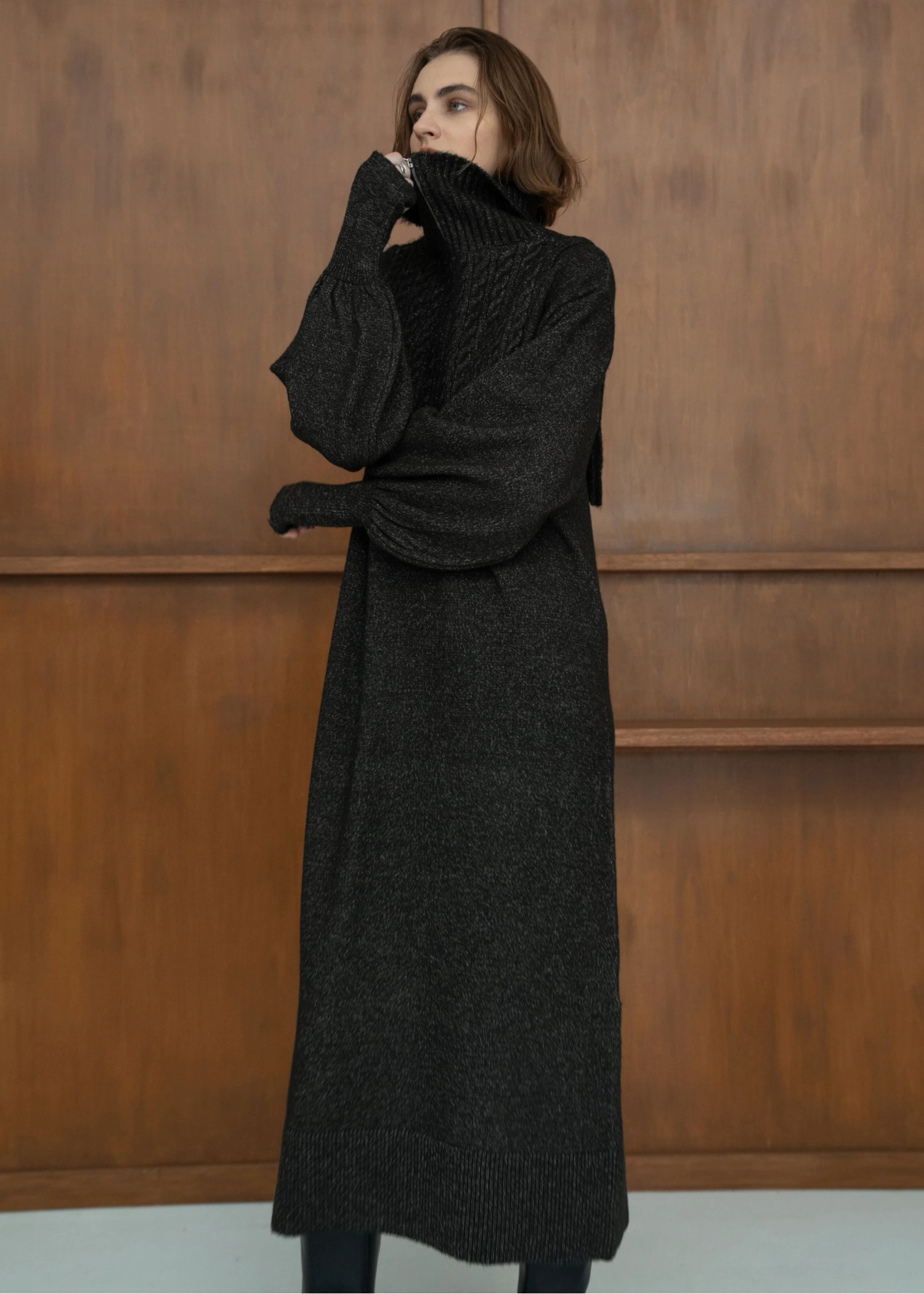 zip cable vest & volume sleeve melange knit OP