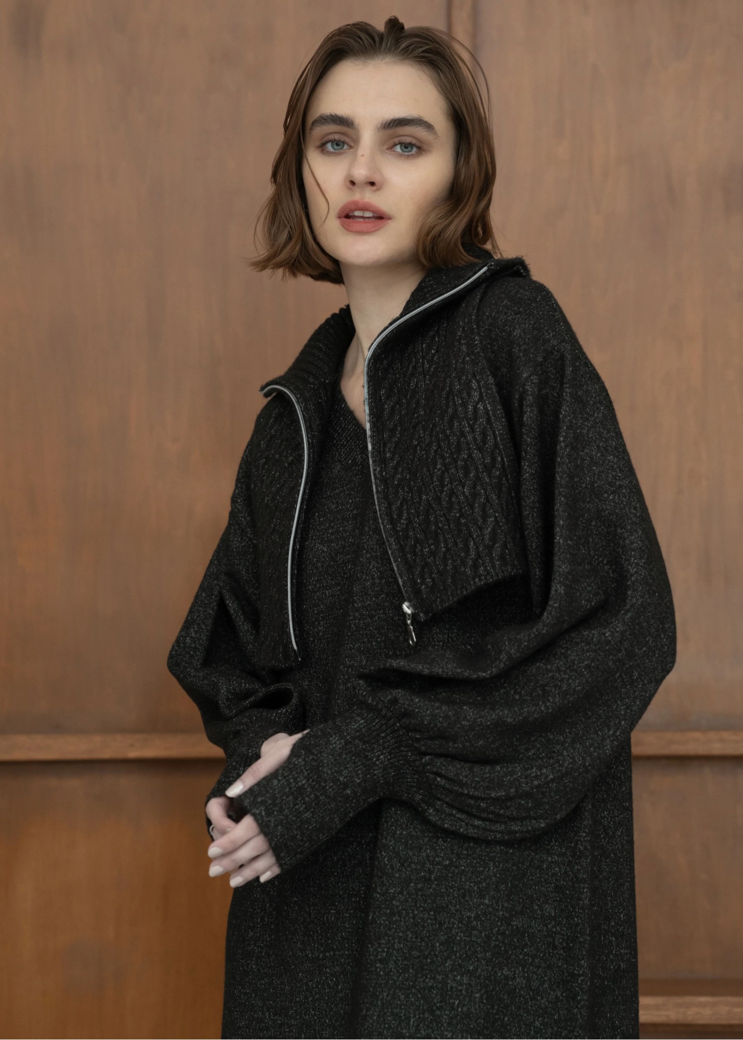 zip cable vest & volume sleeve melange knit OP