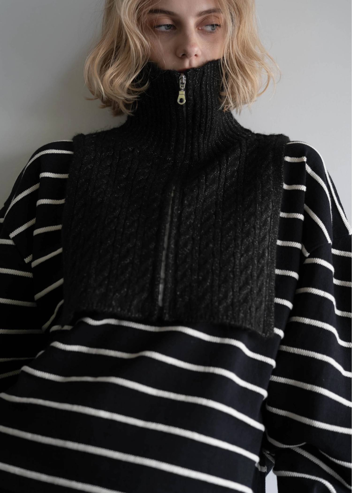 zip cable vest & volume sleeve melange knit OP