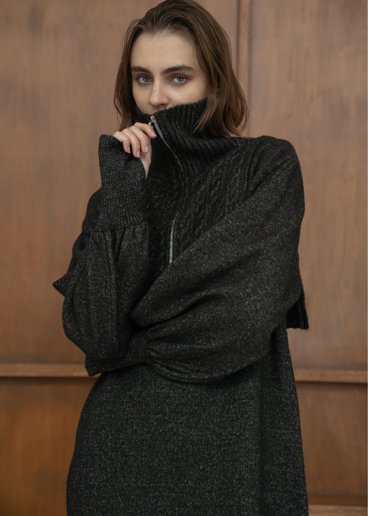 zip cable vest & volume sleeve melange knit OP