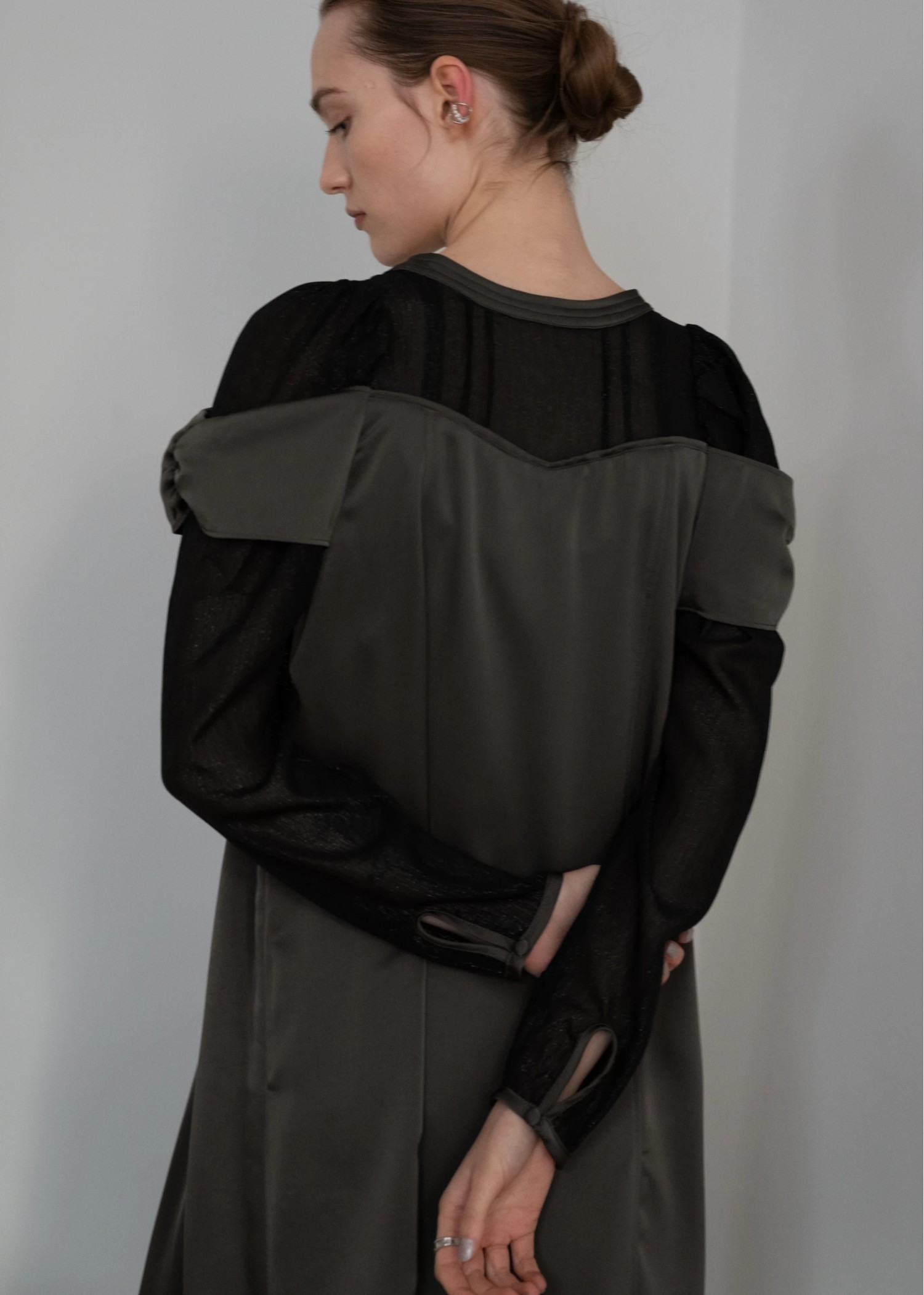 sheer sleeve layered like mat satin OP