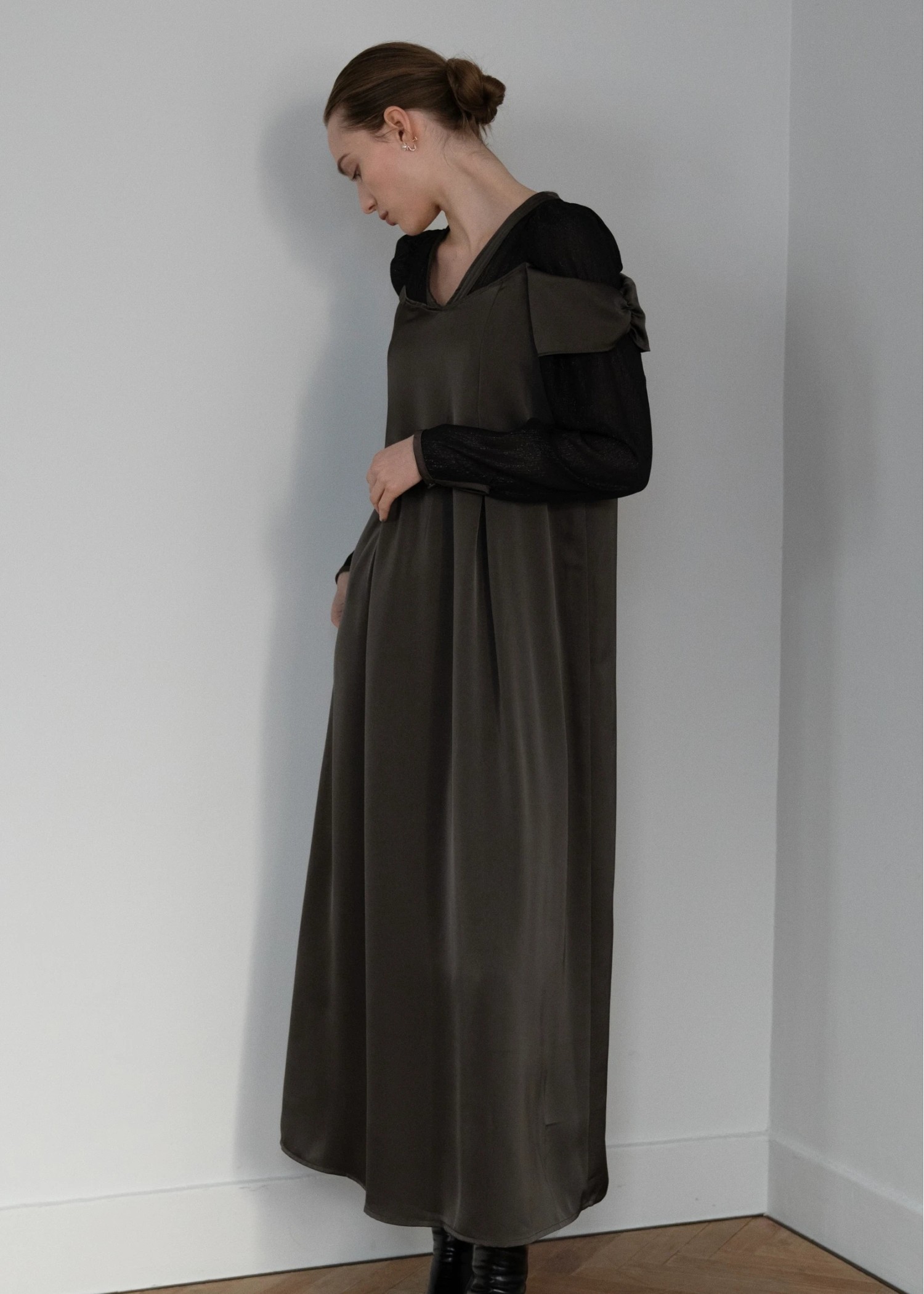 sheer sleeve layered like mat satin OP