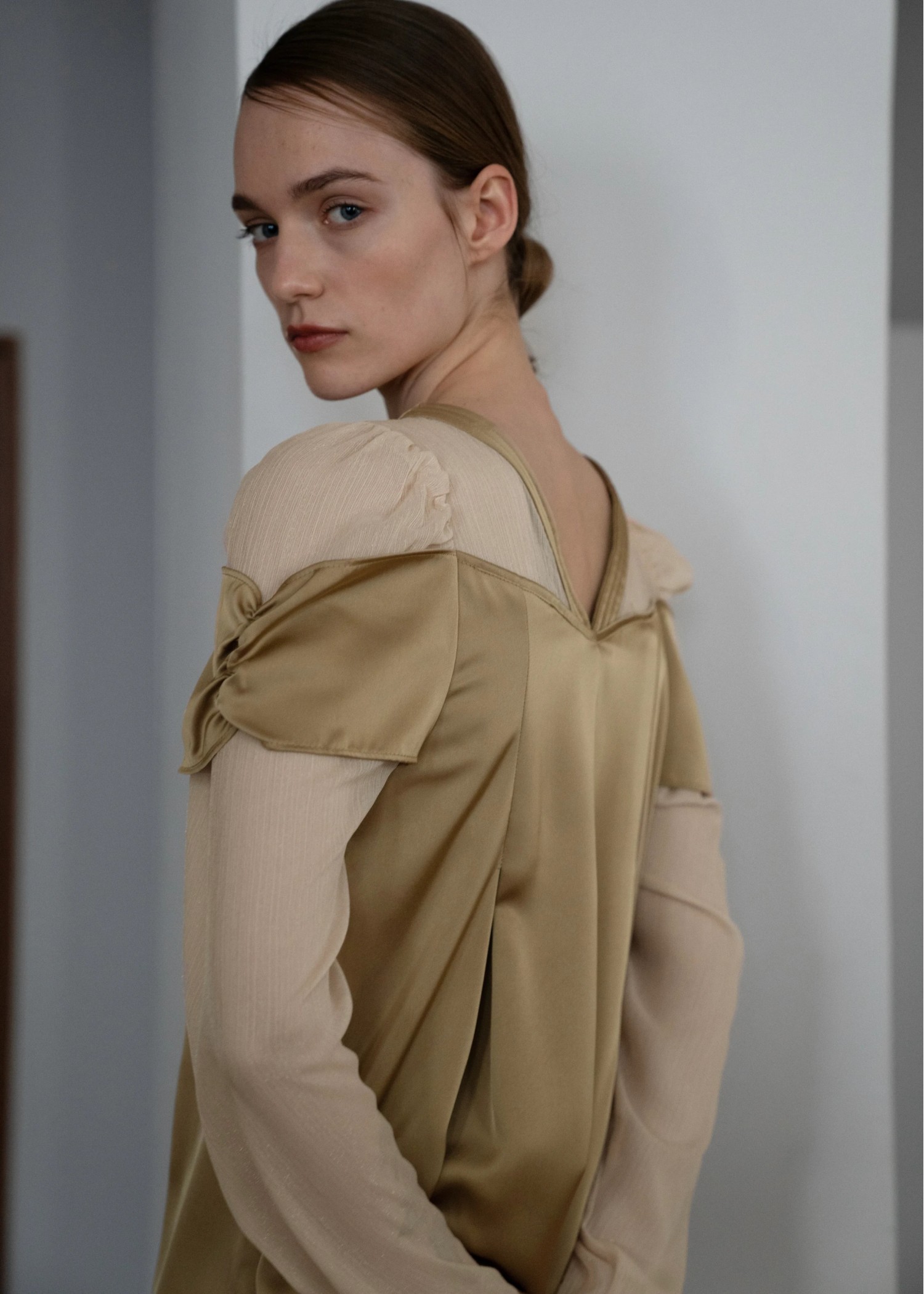 sheer sleeve layered like mat satin OP