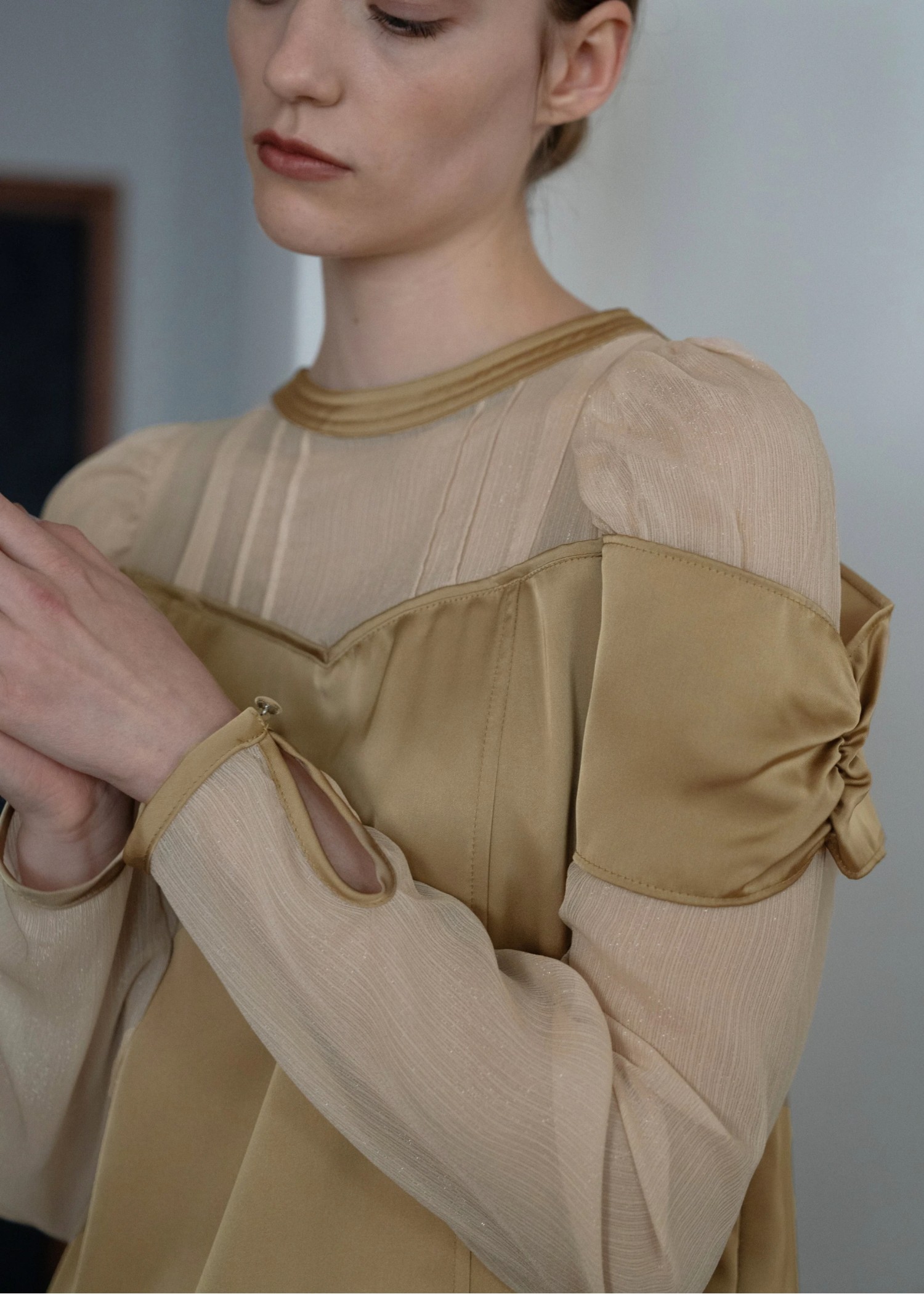 sheer sleeve layered like mat satin OP