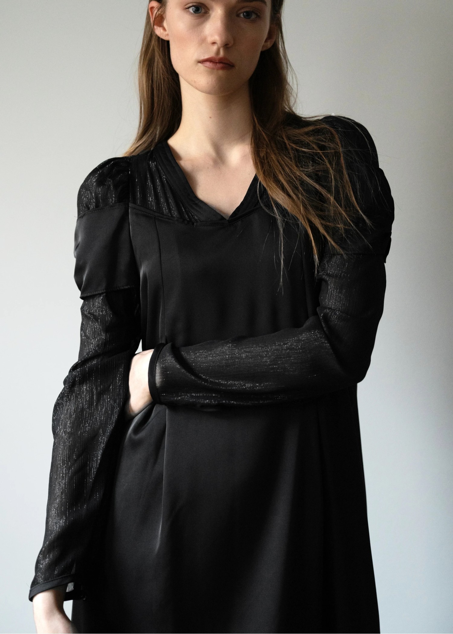 sheer sleeve layered like mat satin OP