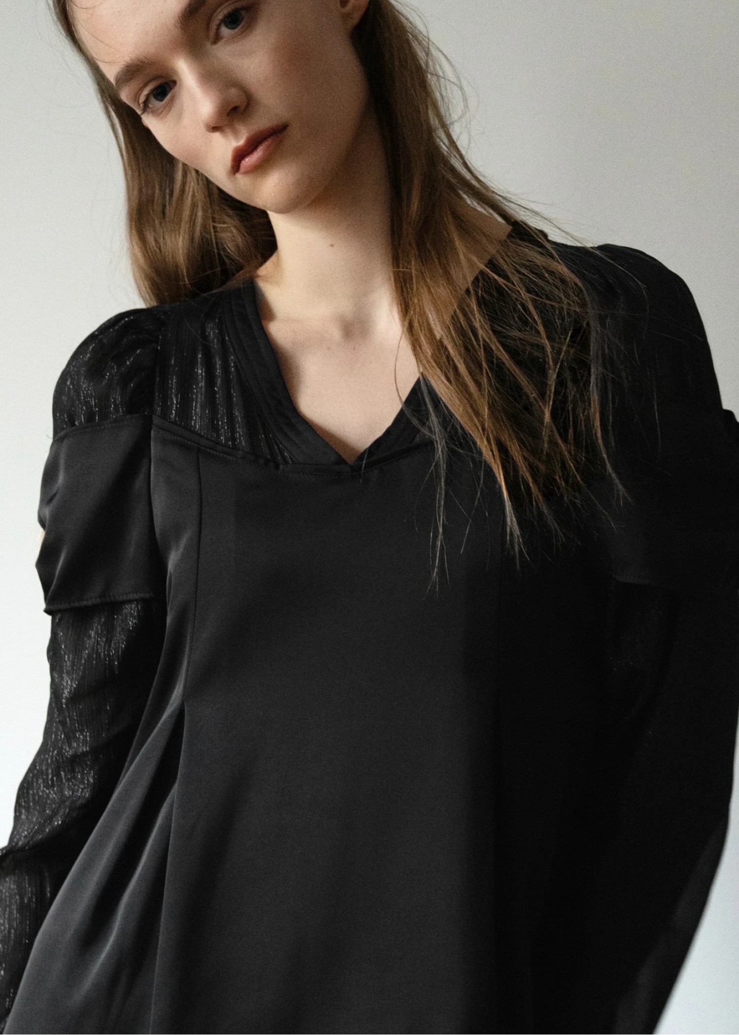 sheer sleeve layered like mat satin OP