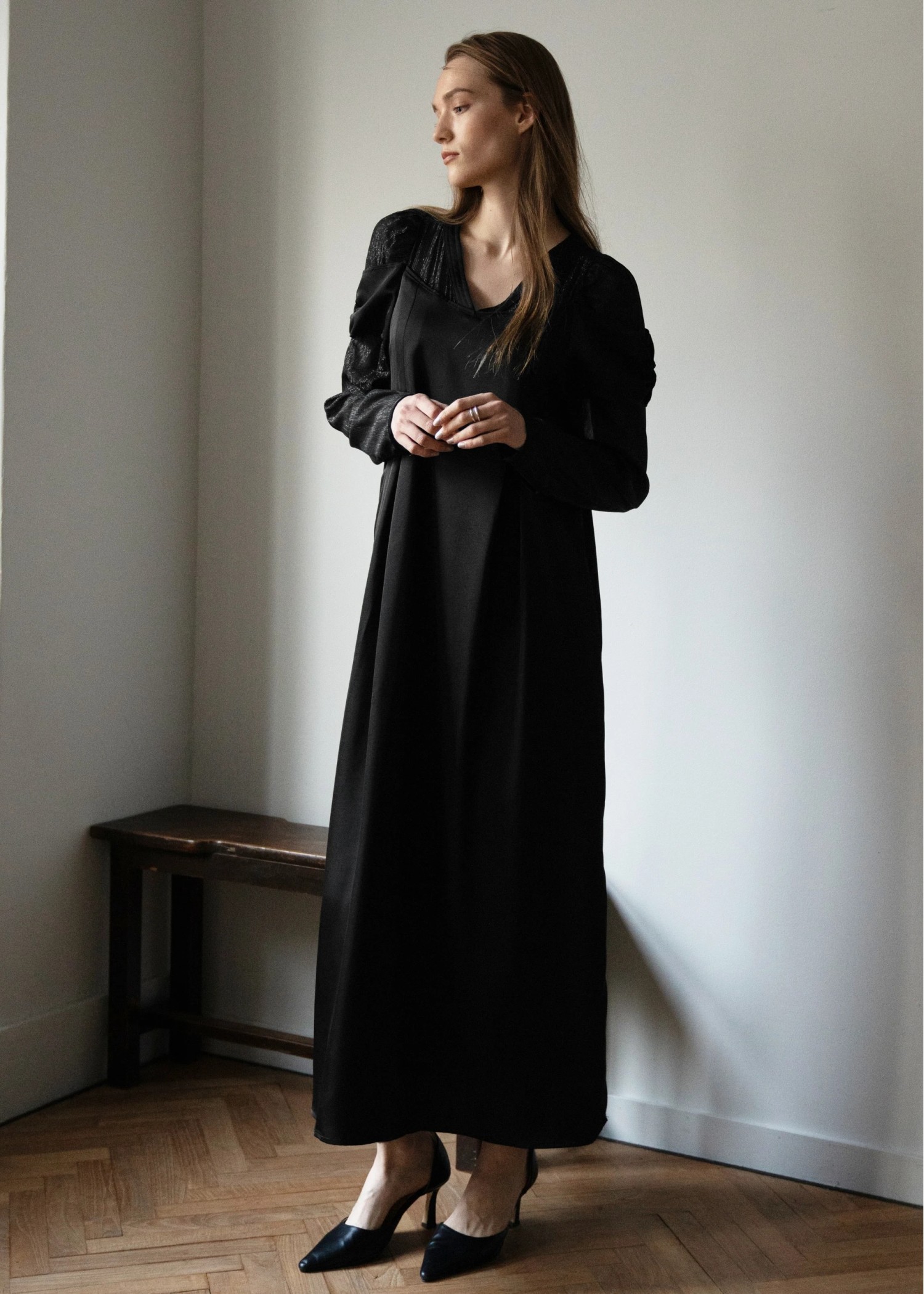 sheer sleeve layered like mat satin OP