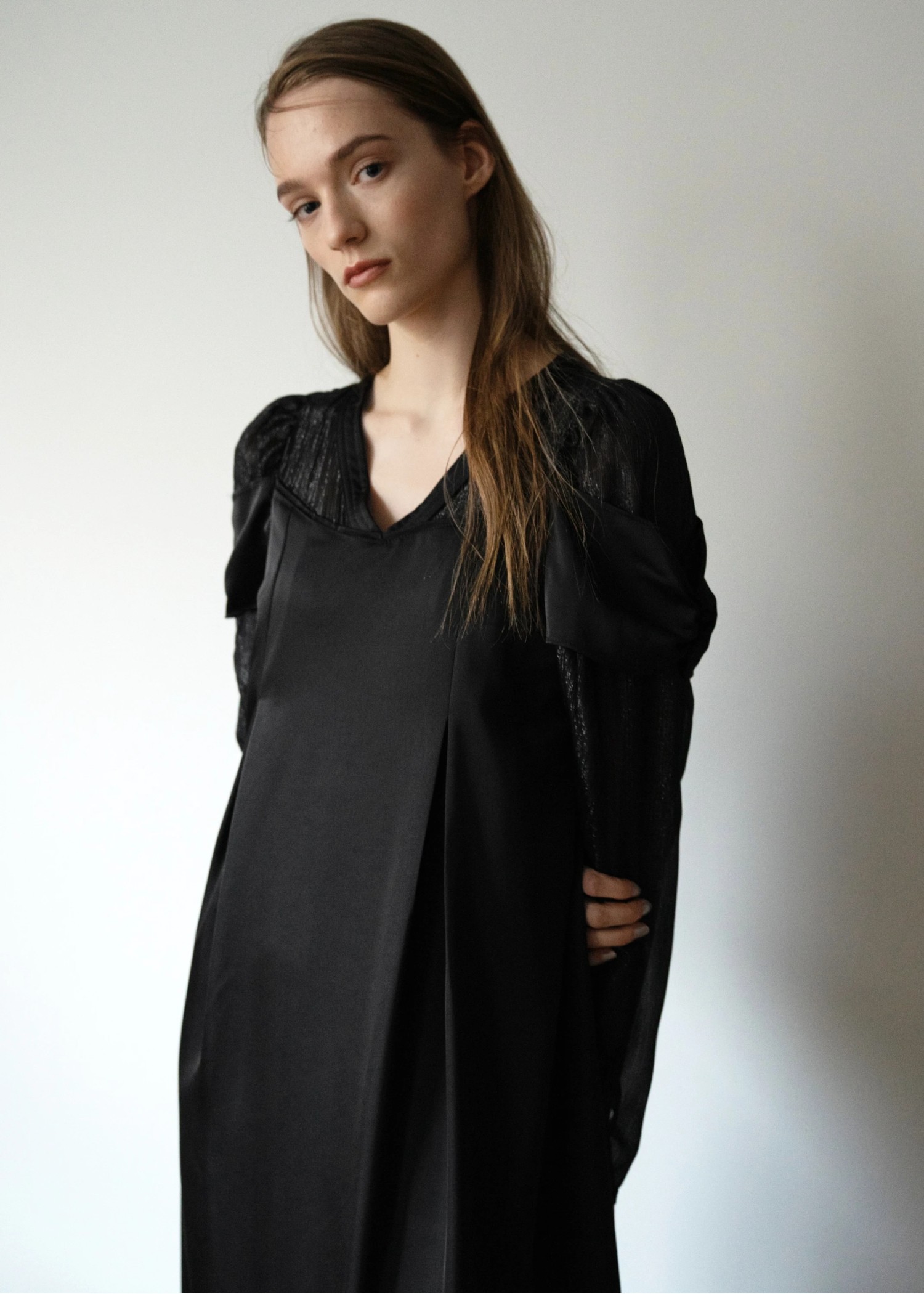 sheer sleeve layered like mat satin OP