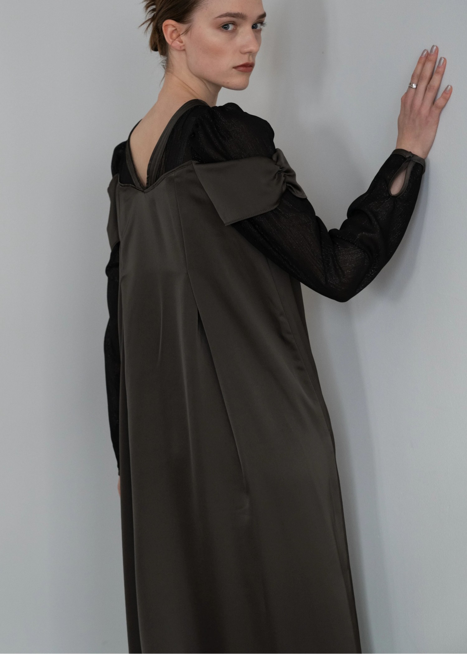 sheer sleeve layered like mat satin OP