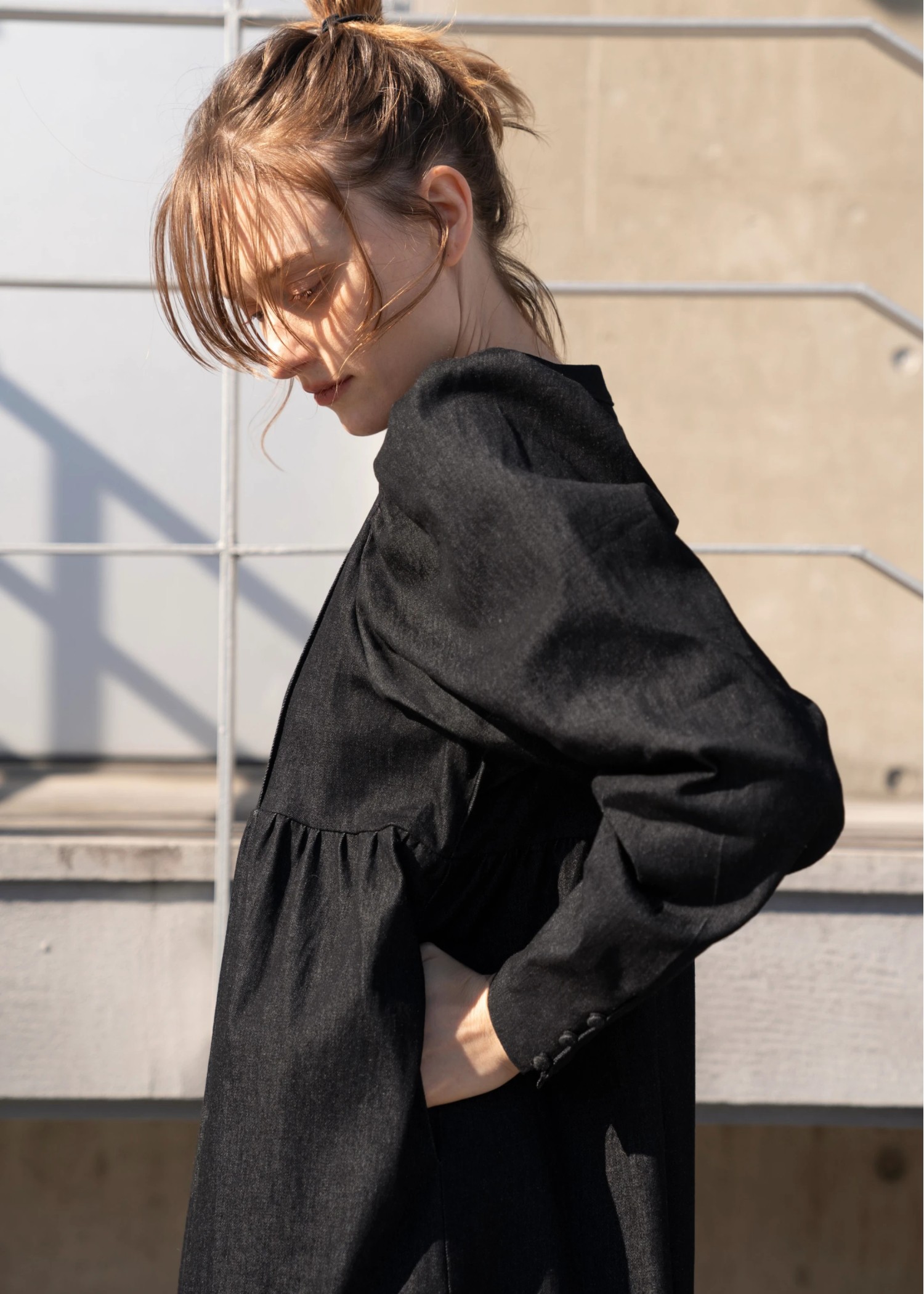 denim volume gather sleeve zip OP