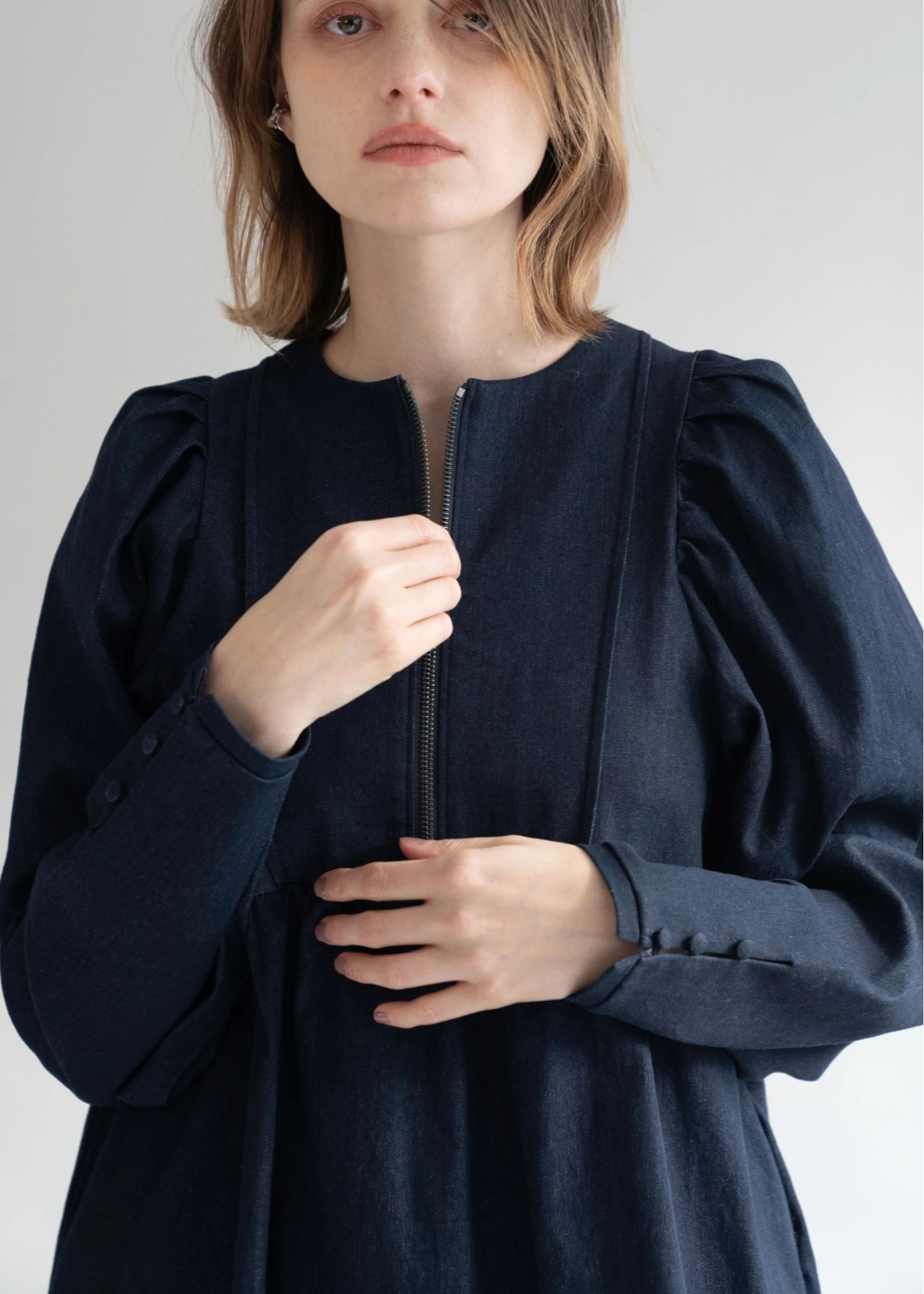 denim volume gather sleeve zip OP