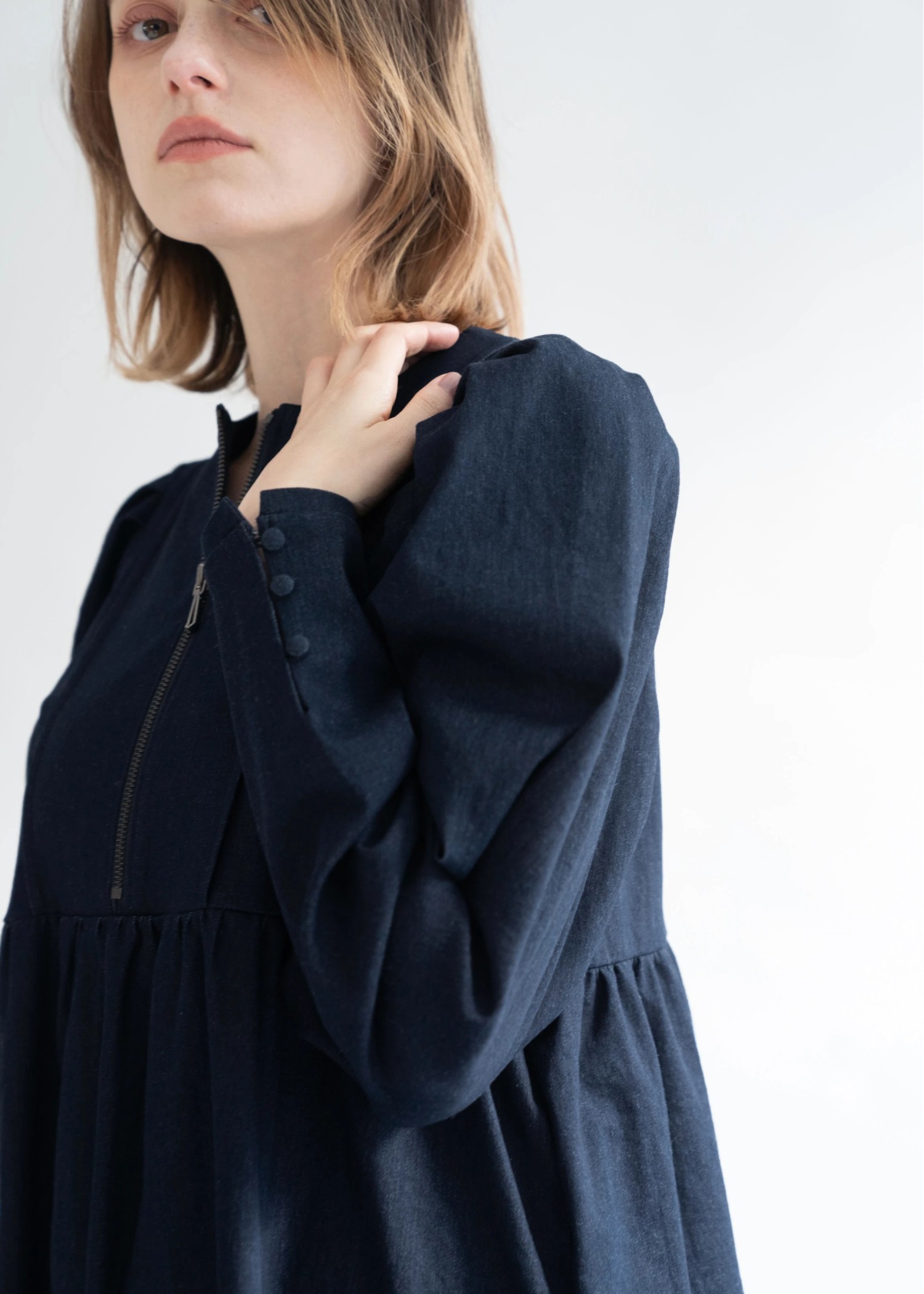 denim volume gather sleeve zip OP