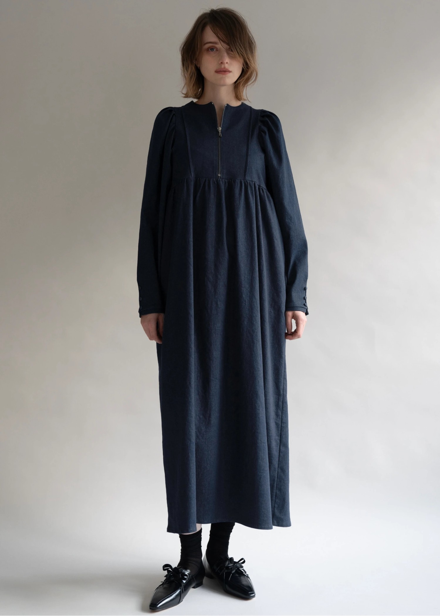 denim volume gather sleeve zip OP