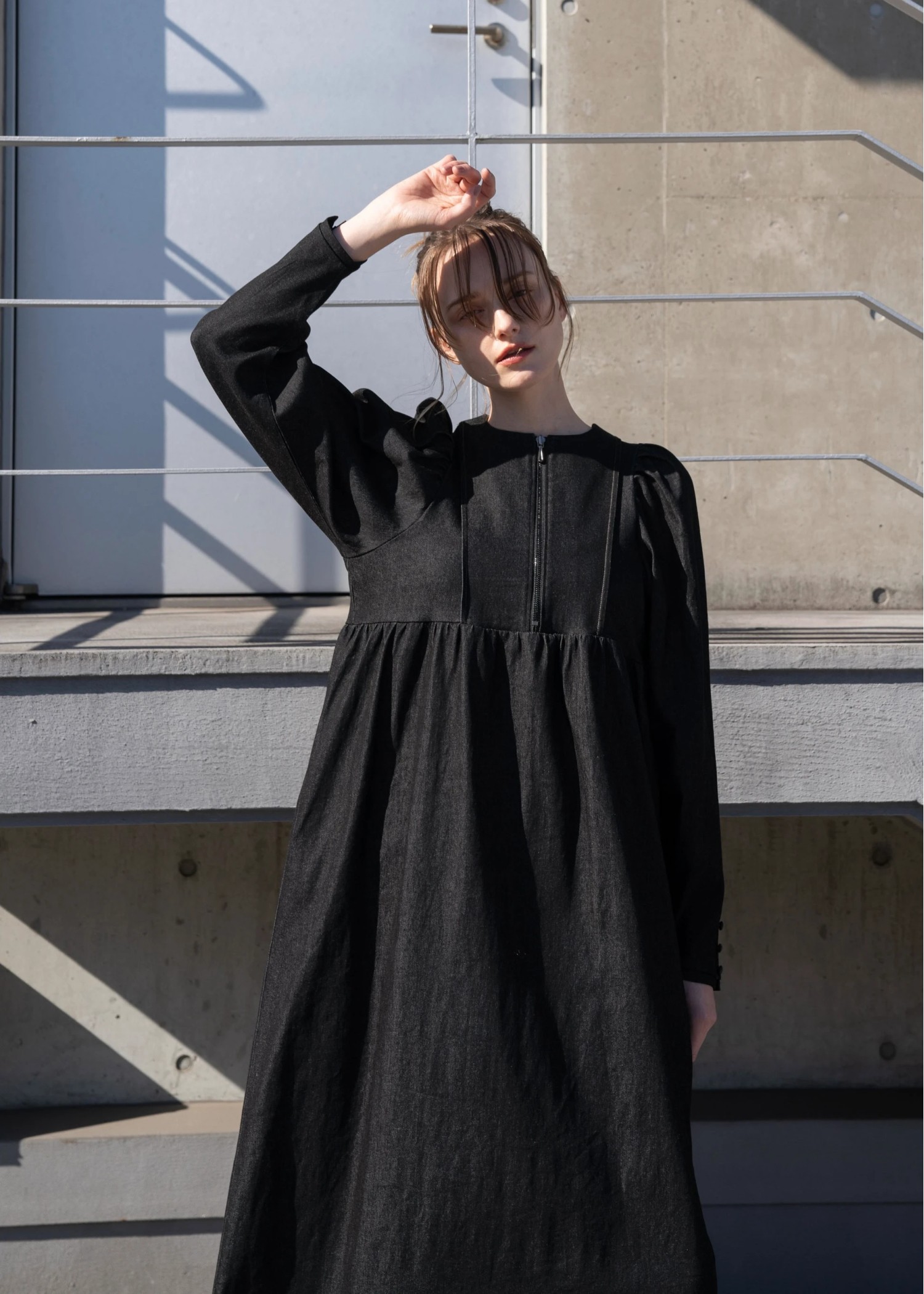 denim volume gather sleeve zip OP