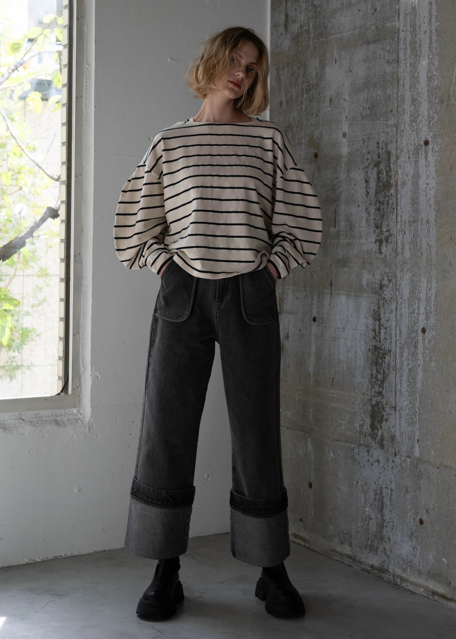 border boat neck volume sleeve tops
