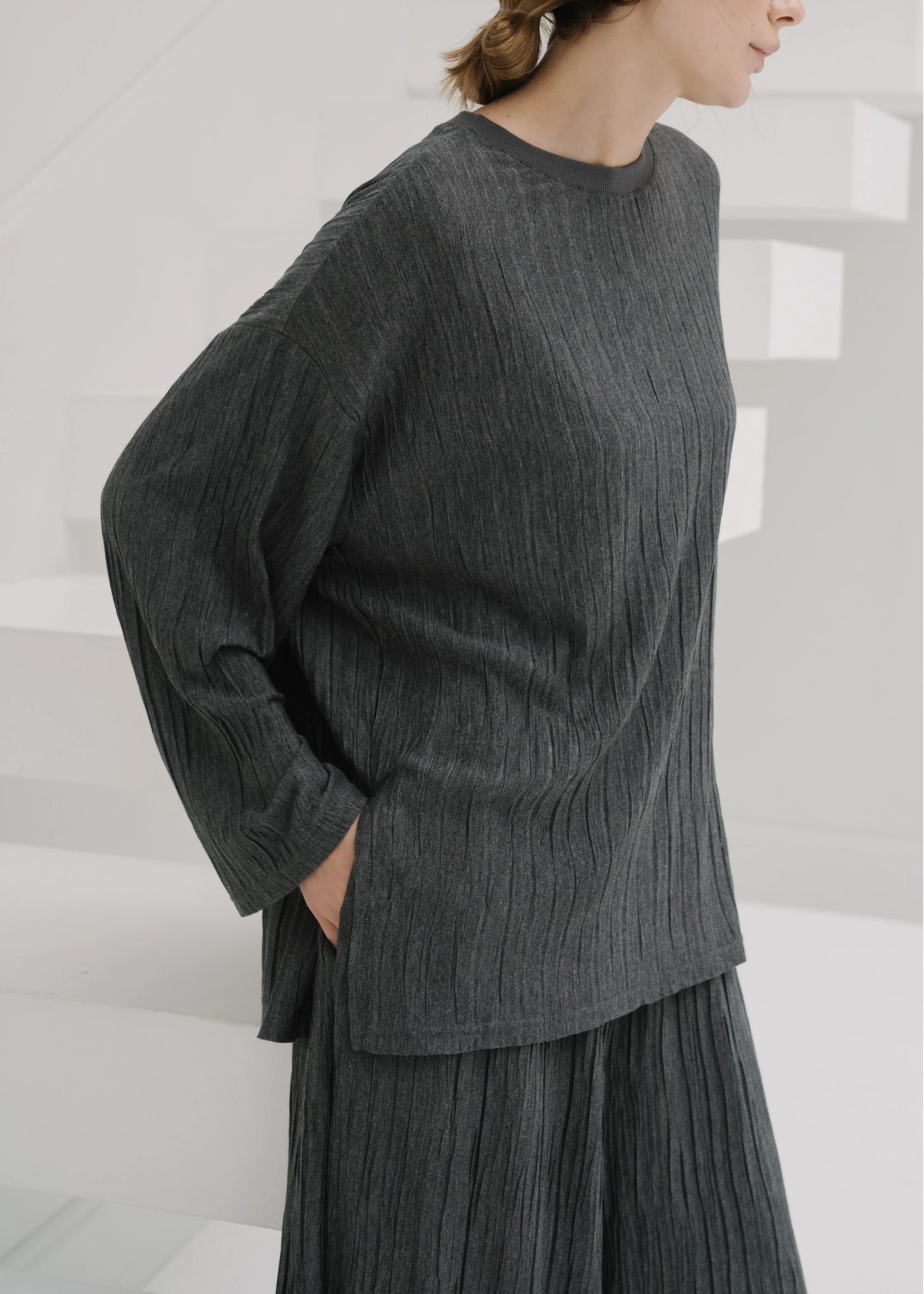 side cut pleats generous long T