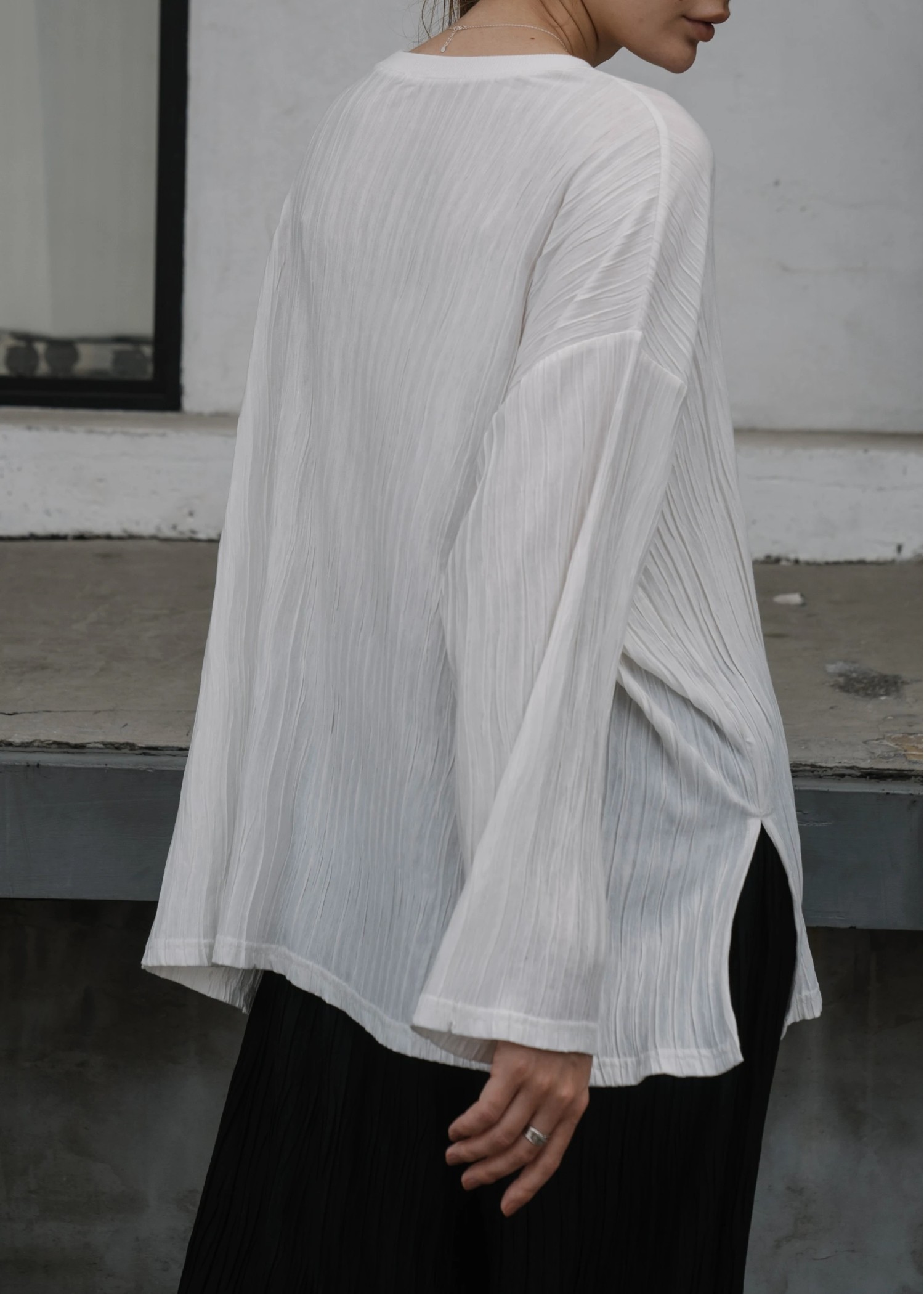 side cut pleats generous long T