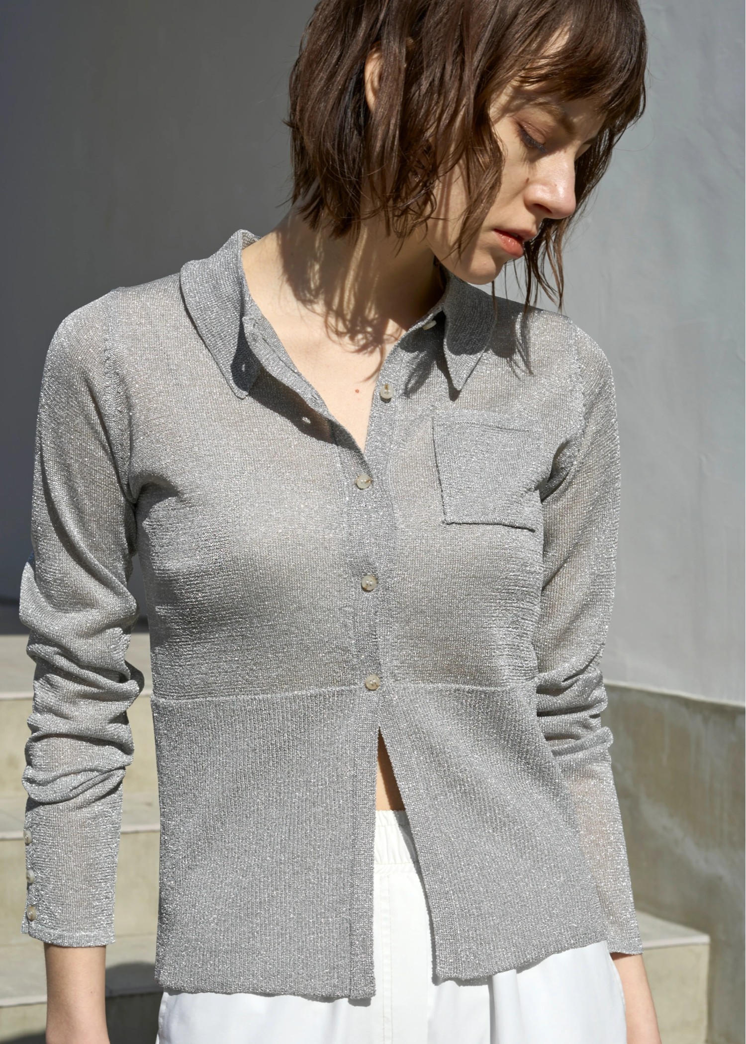 sheer lame deep slit shirt knit