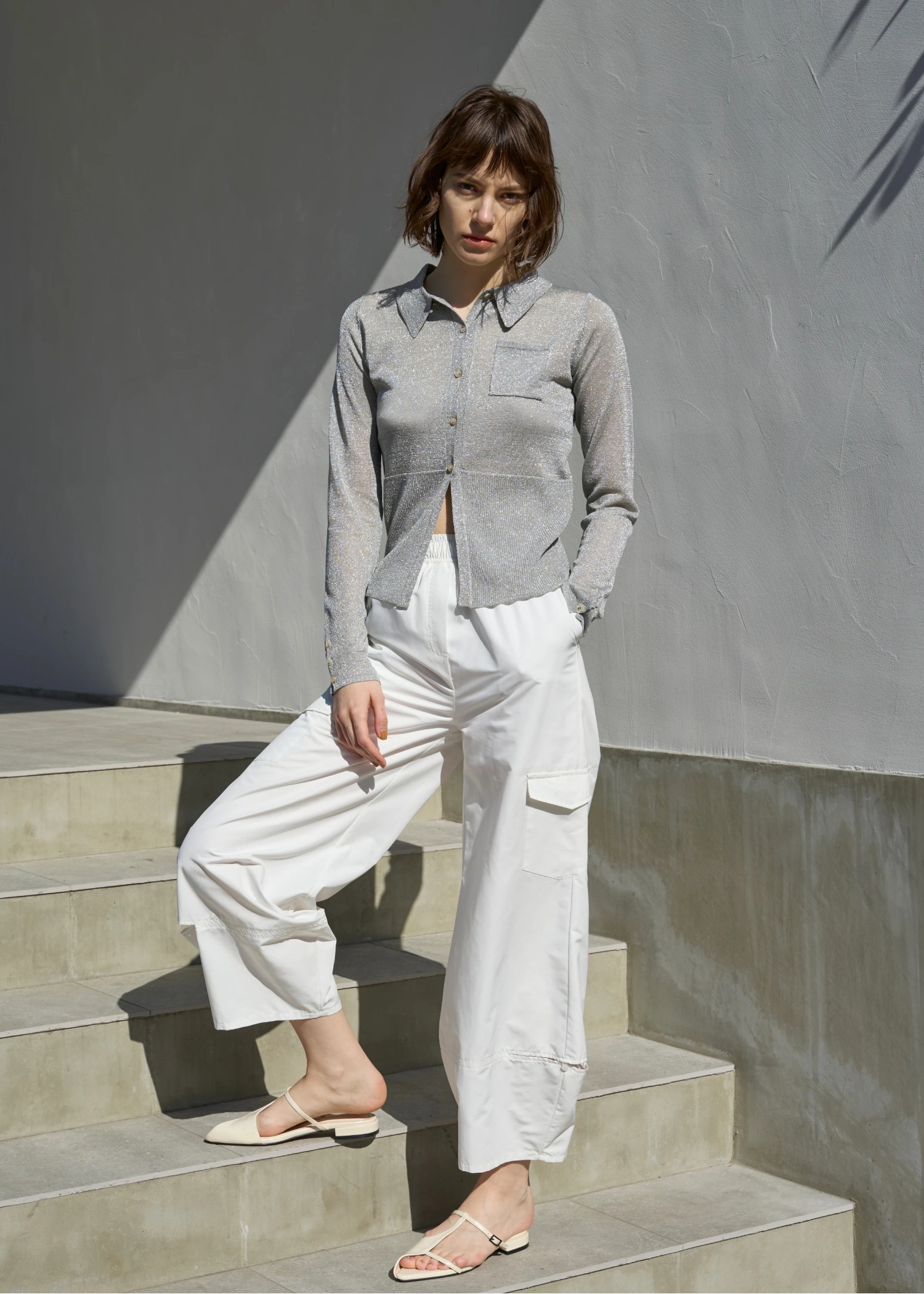 sheer lame deep slit shirt knit