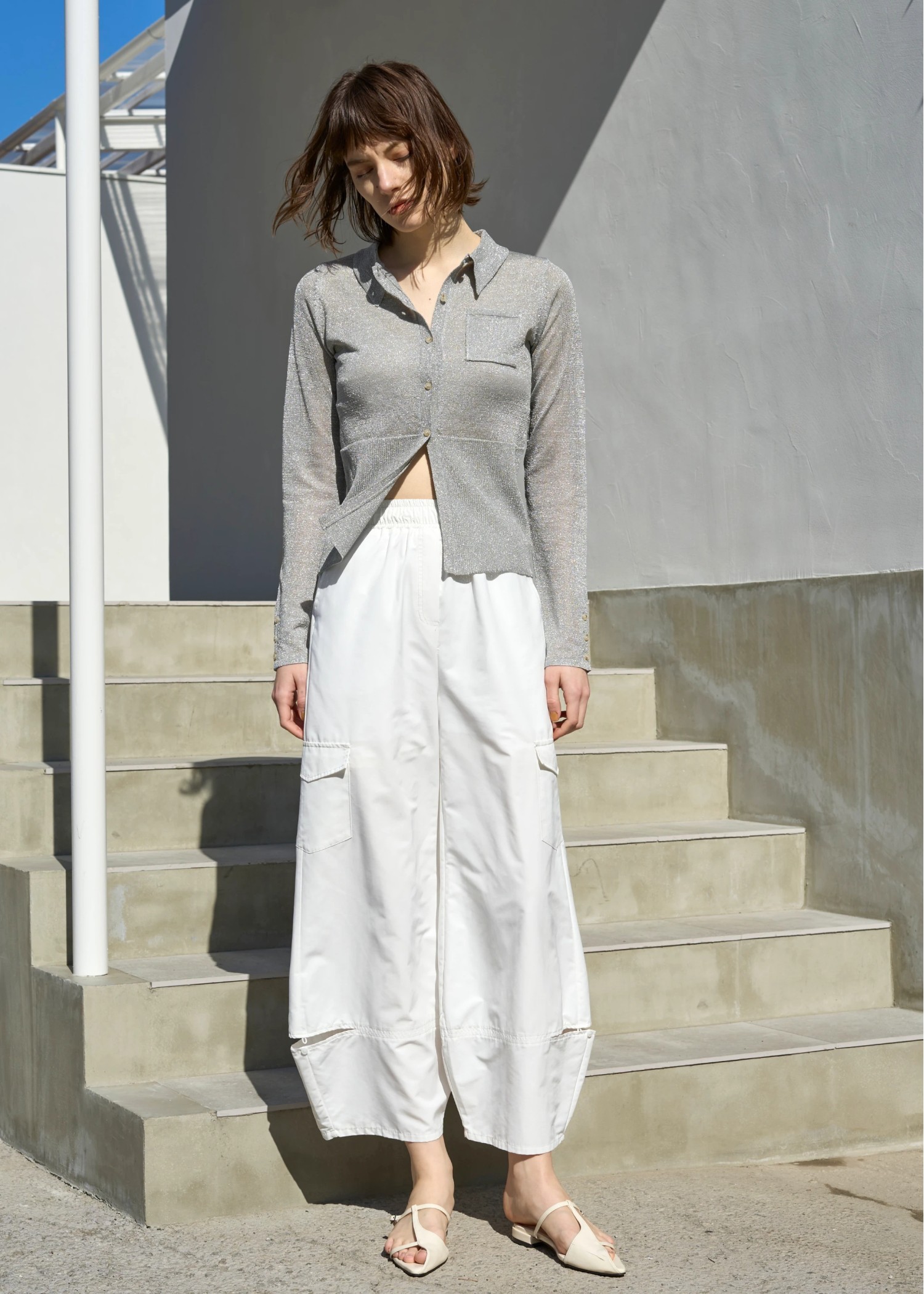 sheer lame deep slit shirt knit