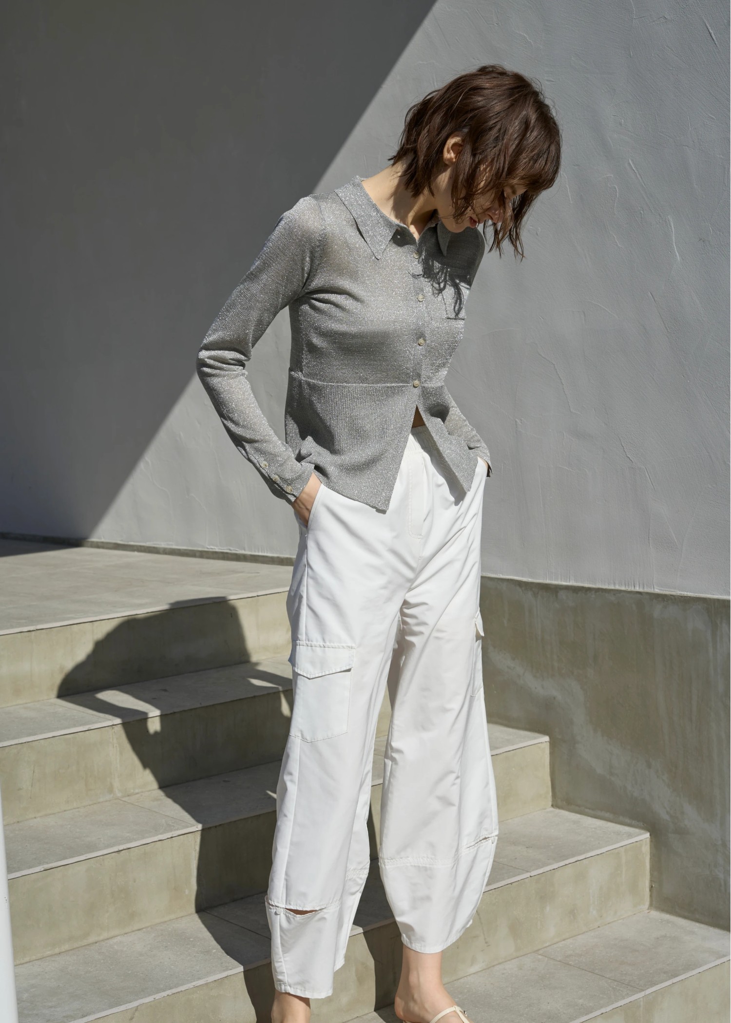 sheer lame deep slit shirt knit