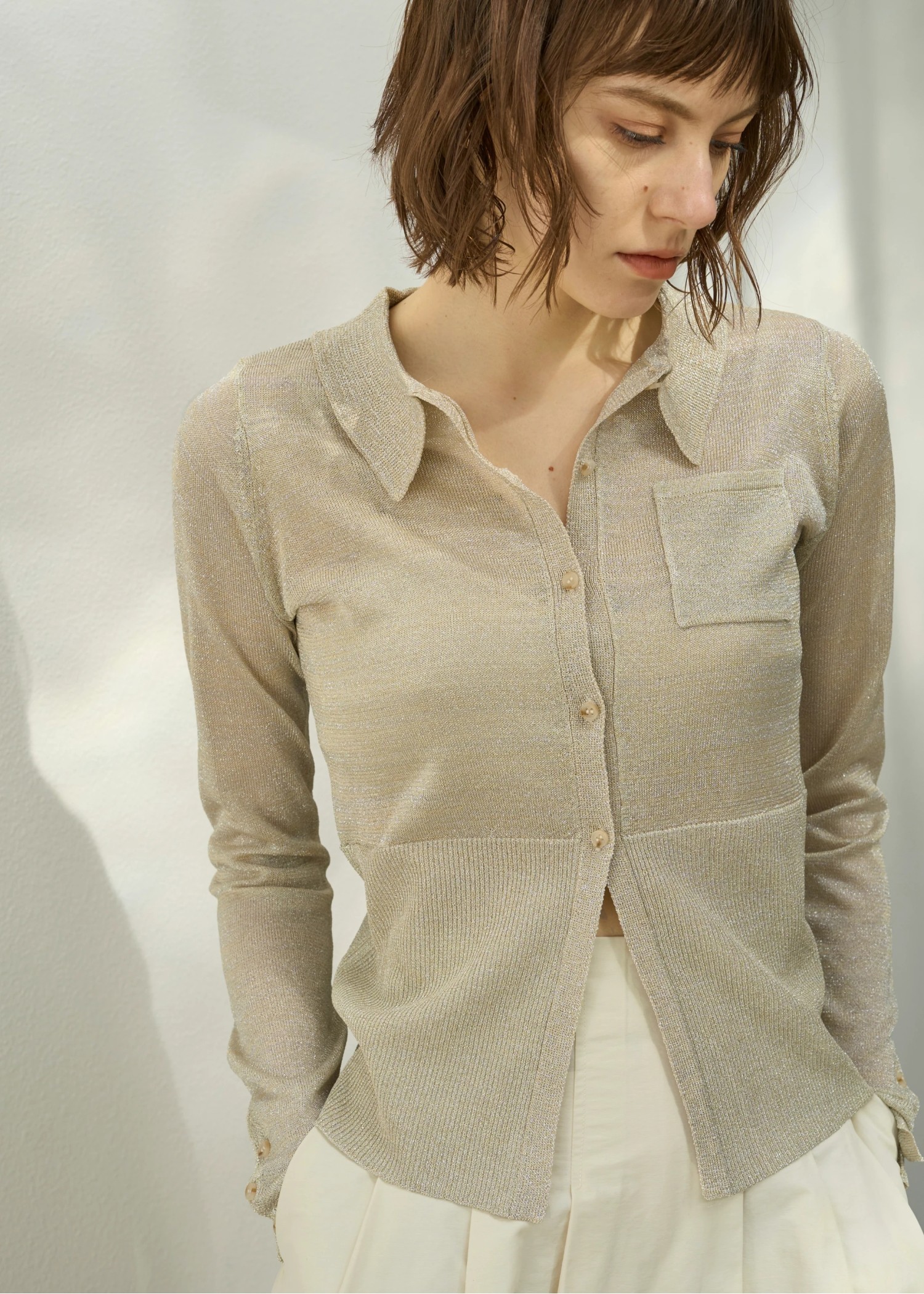 sheer lame deep slit shirt knit